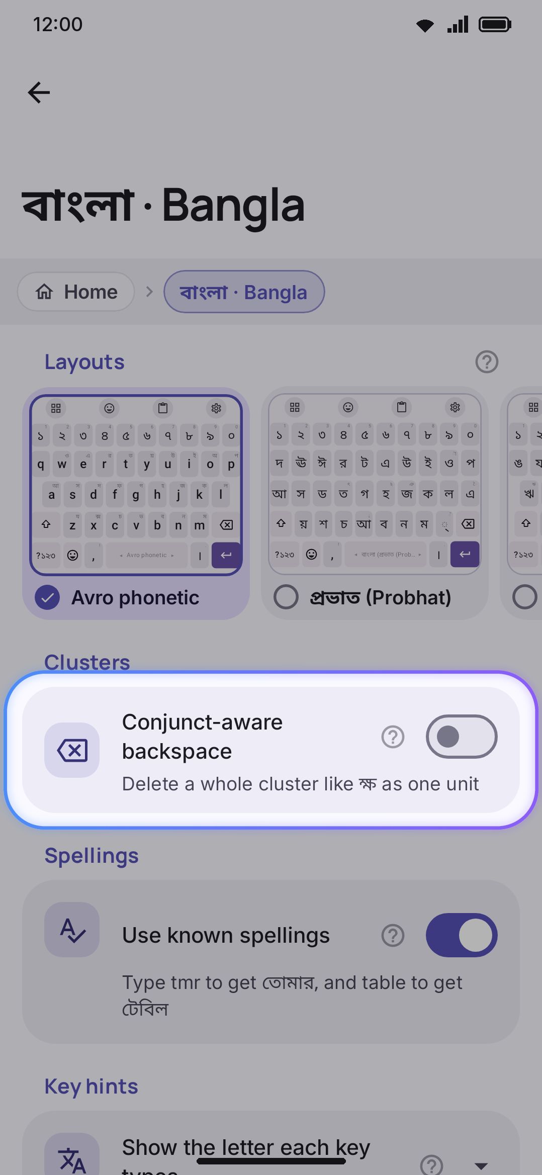 Conjunct-aware backspace, under Languages → Complex scripts. Off by default.