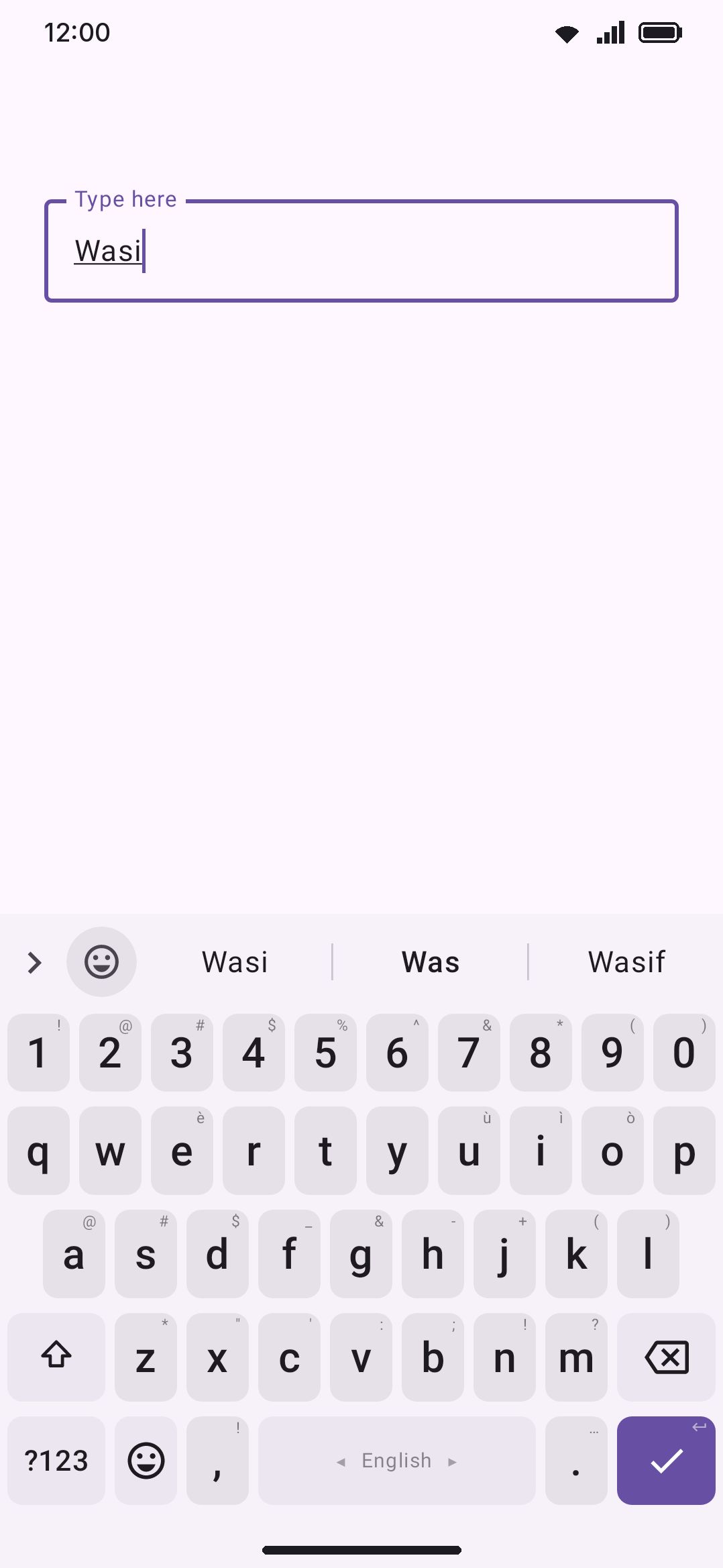 A contact name completing in the suggestion strip, mid-word.