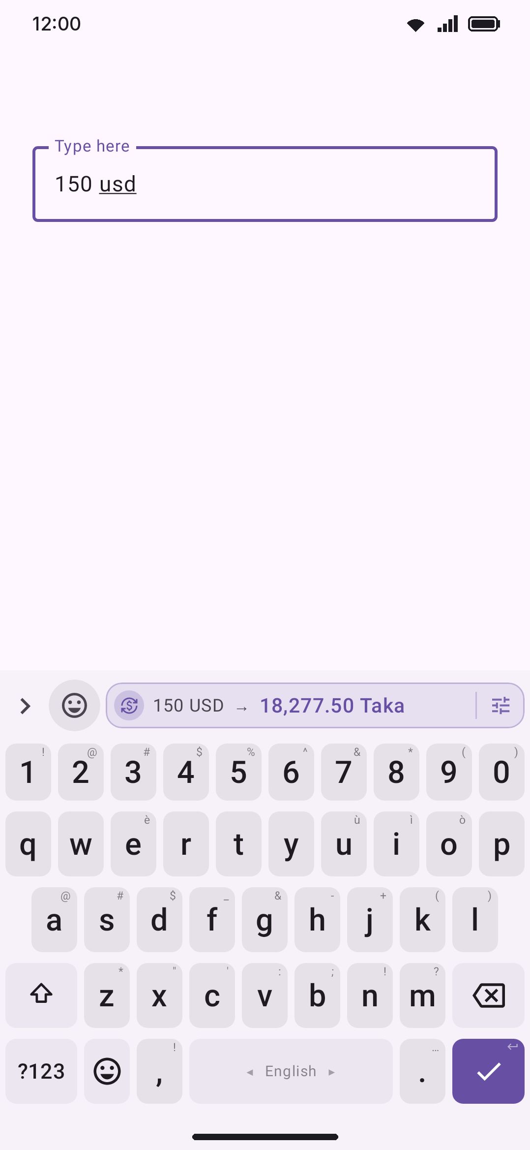 A currency chip: amount and source on the left, the converted amount on the right, gear button to open the full converter.