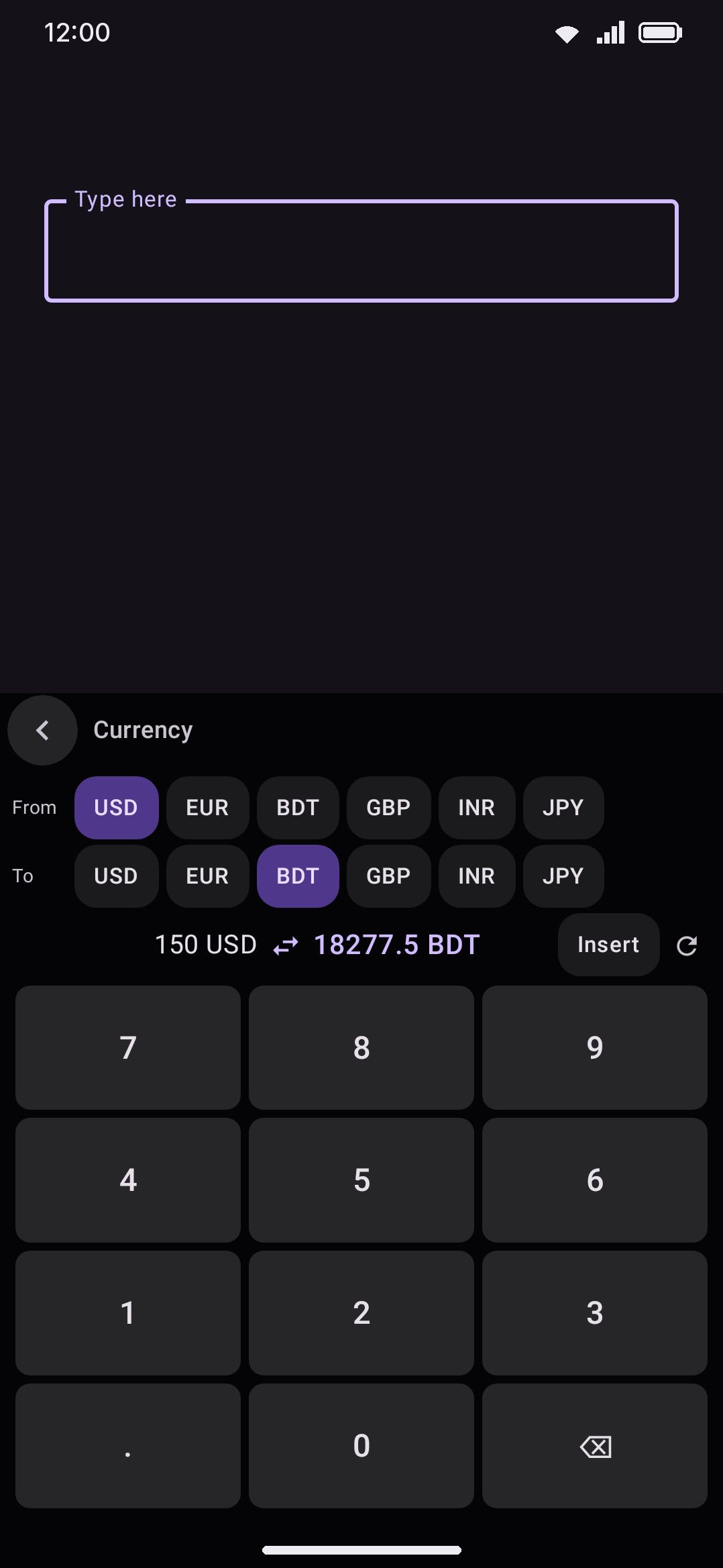 The Currency converter panel: a From/To currency pair, live converted amount, and the refresh icon.