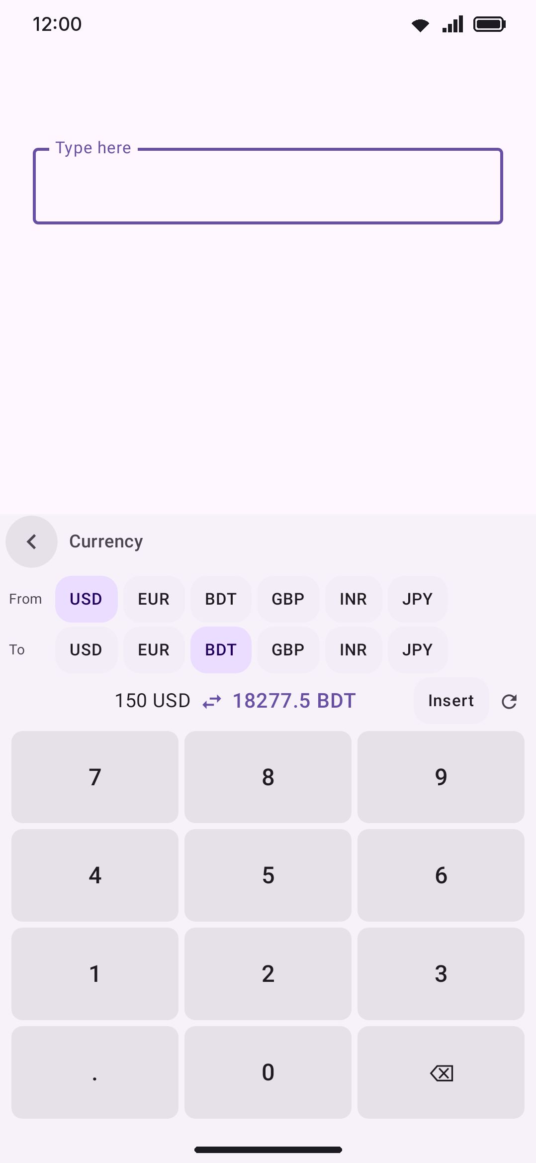 The Currency converter panel: a From/To currency pair, live converted amount, and the refresh icon.
