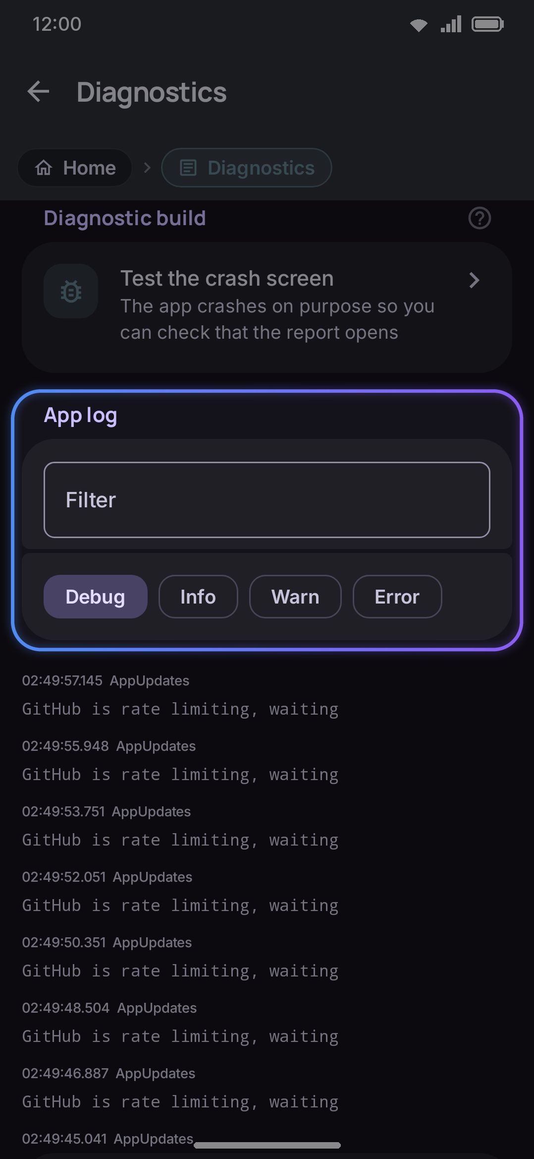 Diagnostics: report actions, the app log with its filter and level chips, and Clear app log at the bottom.
