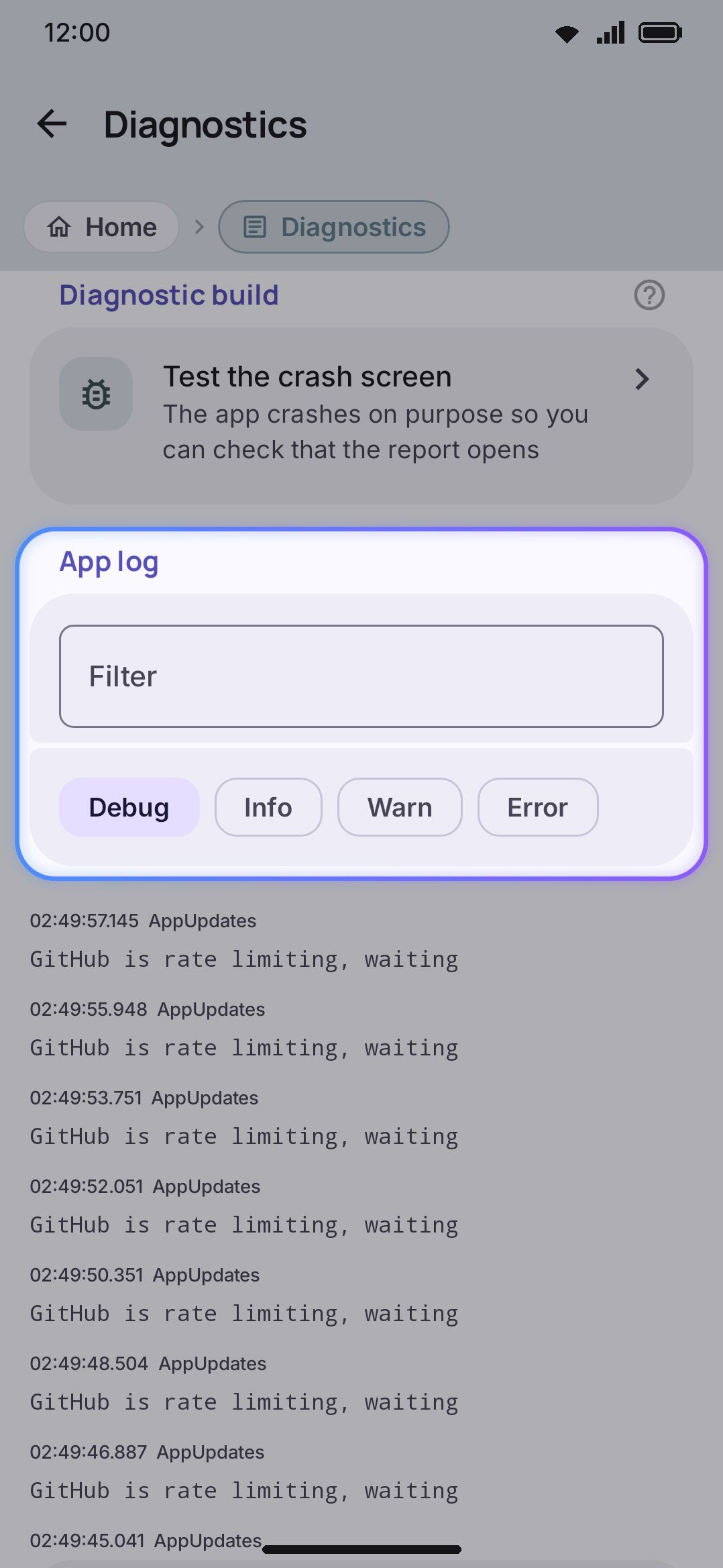 Diagnostics: report actions, the app log with its filter and level chips, and Clear app log at the bottom.