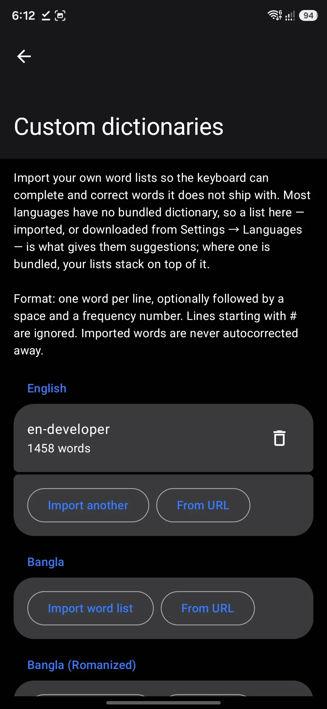 Custom dictionaries, grouped by language, with Import and From URL actions.