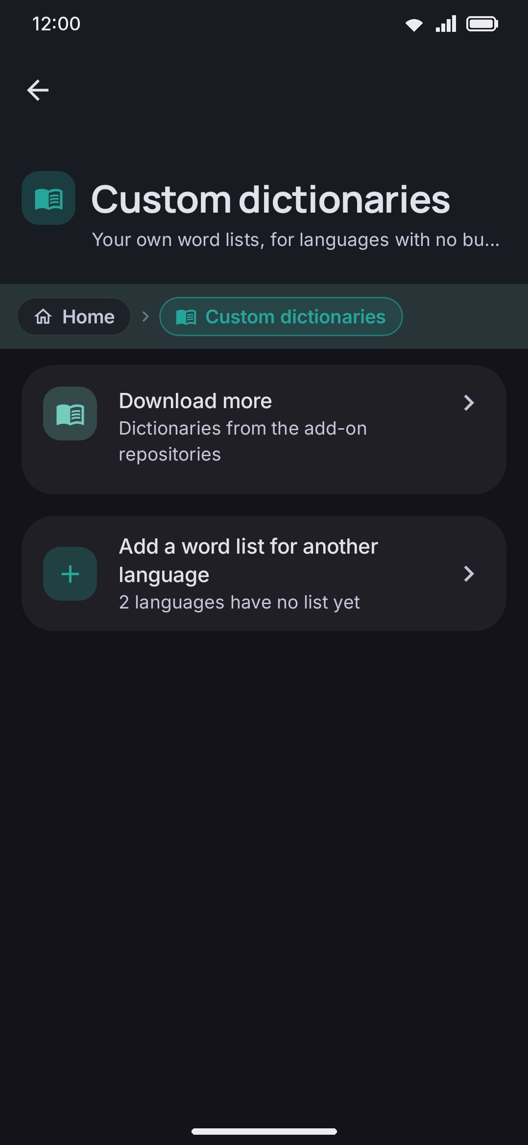 Custom dictionaries, grouped by language, with Import and From URL actions.