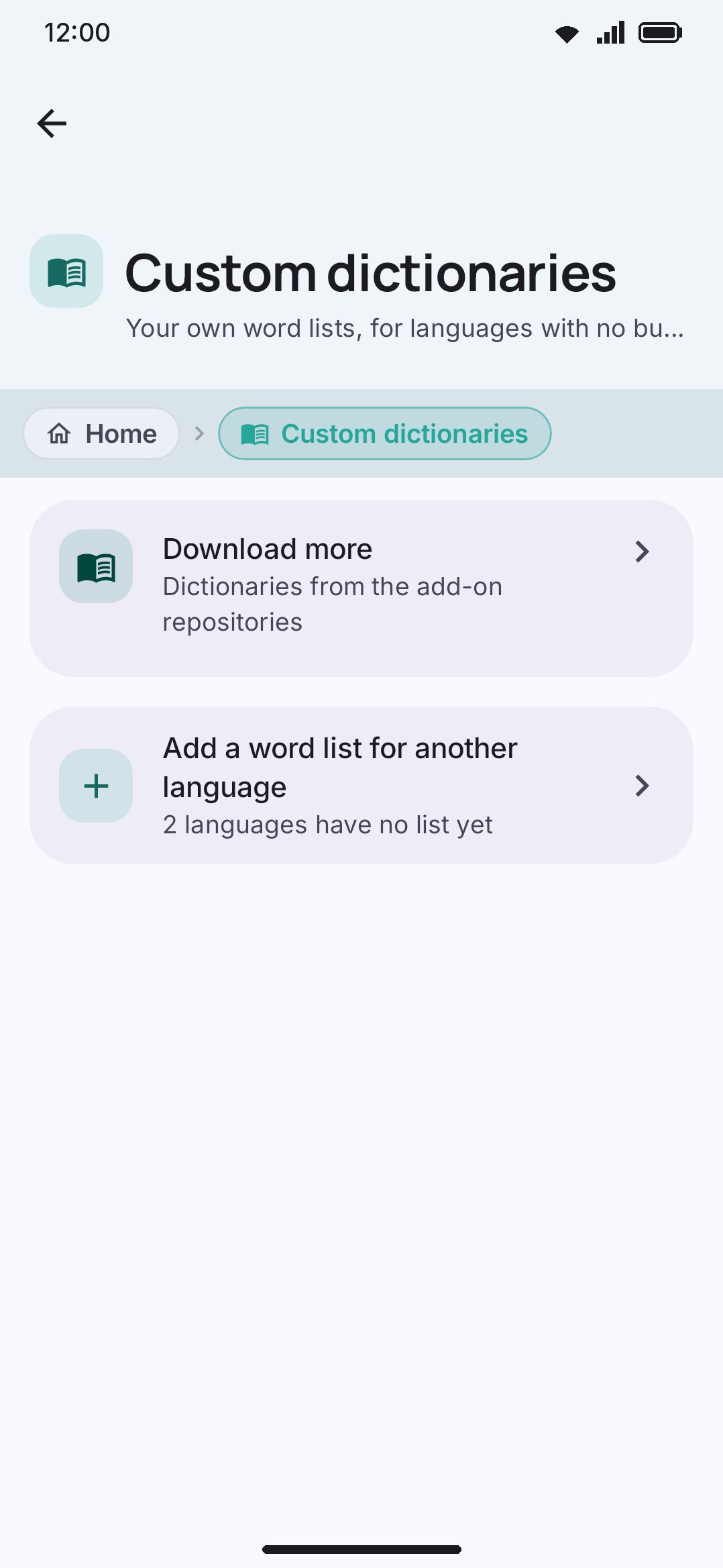 Custom dictionaries, grouped by language, with Import and From URL actions.