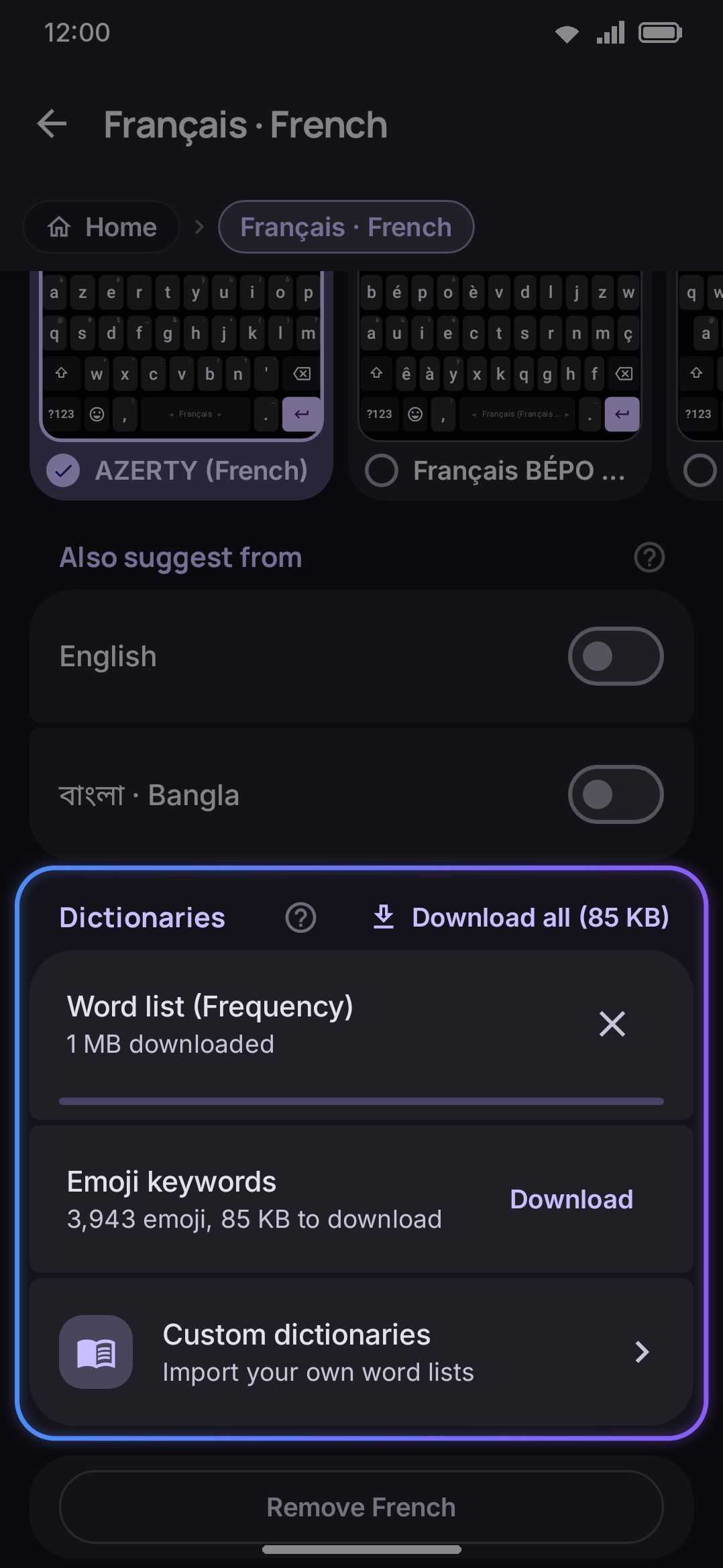 A dictionary mid-download, with the indeterminate progress bar and cancel action.