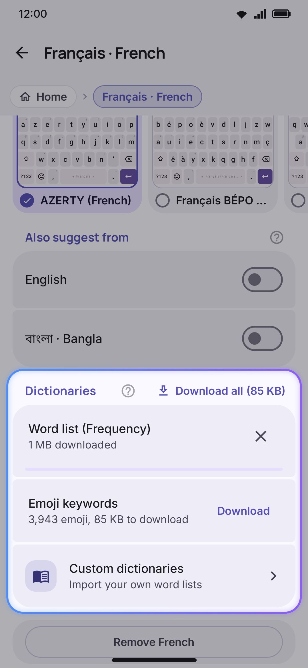 A dictionary mid-download, with the indeterminate progress bar and cancel action.