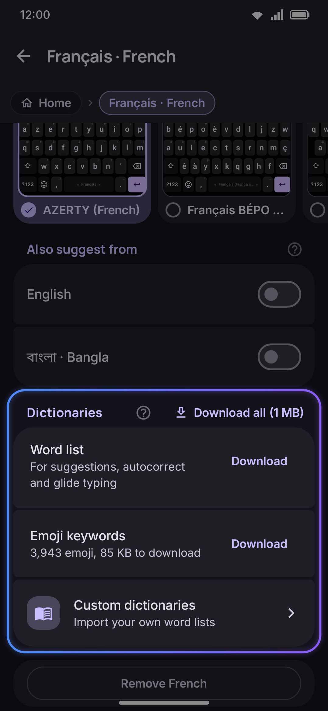 A language's Dictionary section: the built-in note, a size tier, and the Download button.
