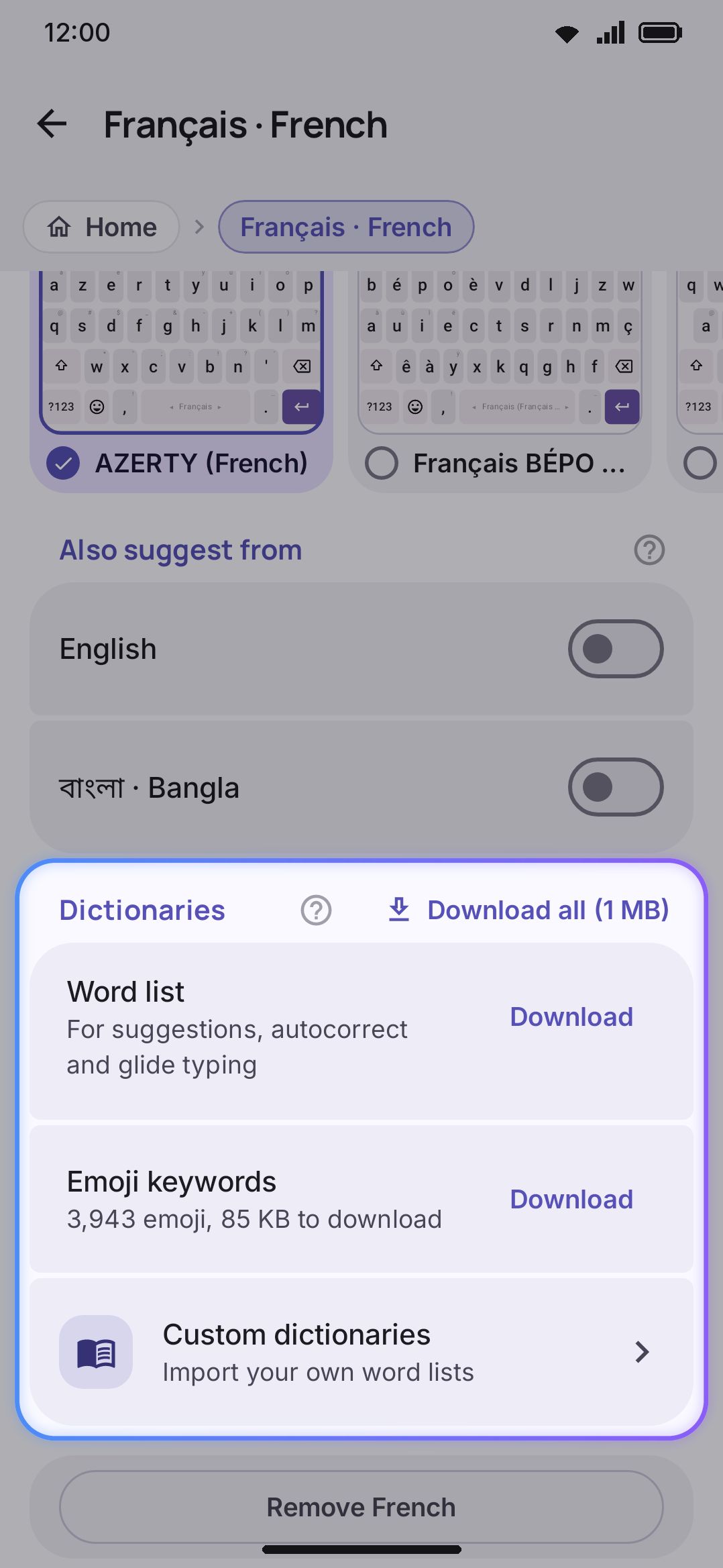 A language's Dictionary section: the built-in note, a size tier, and the Download button.