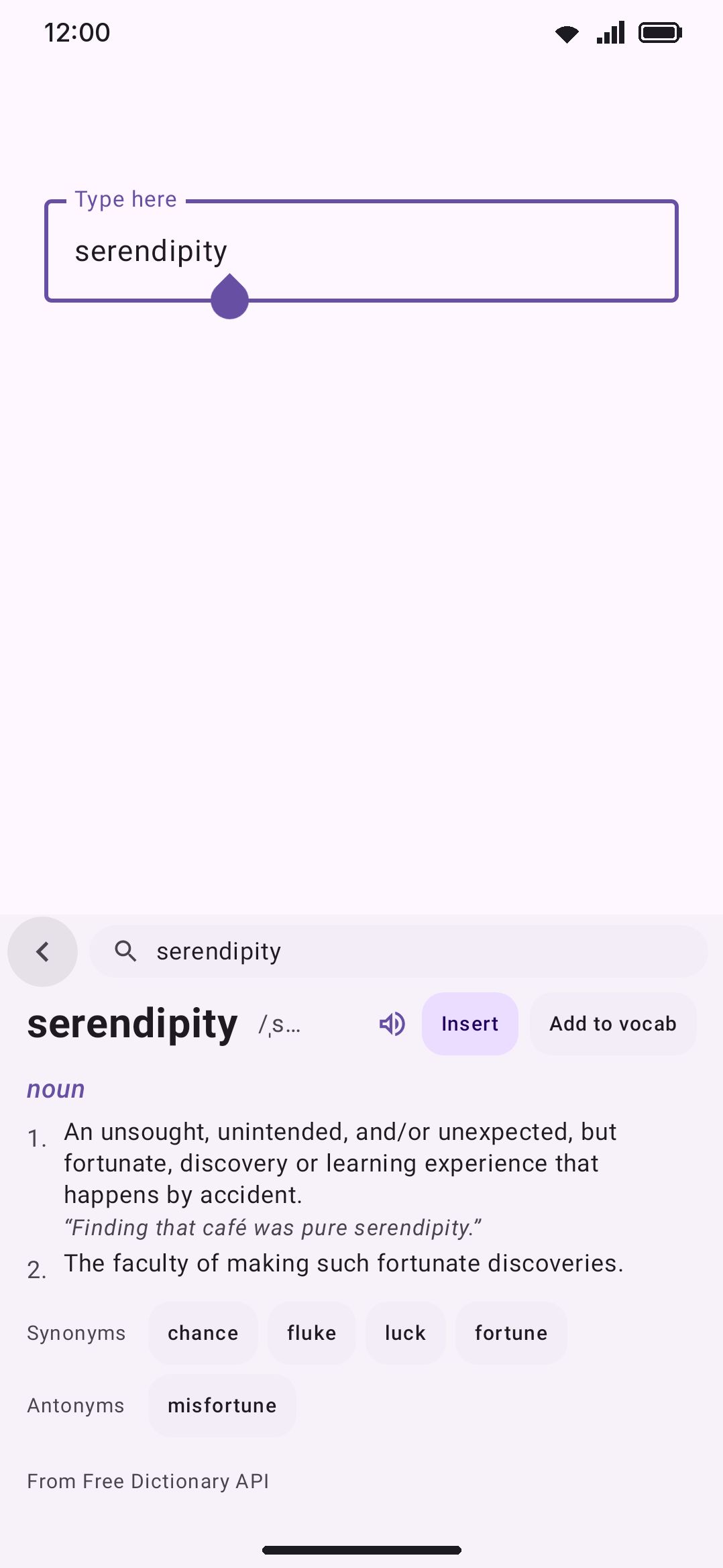 A dictionary entry — serif headword, pronunciation audio, numbered definitions and synonym chips.