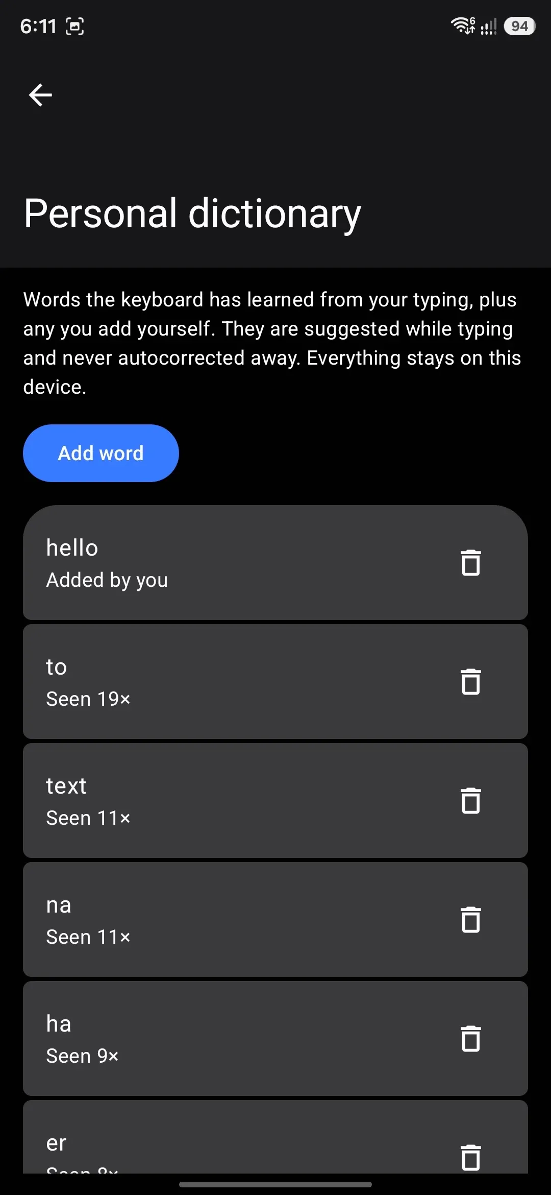 The Personal dictionary screen: learned and manually-added words, most-used first.
