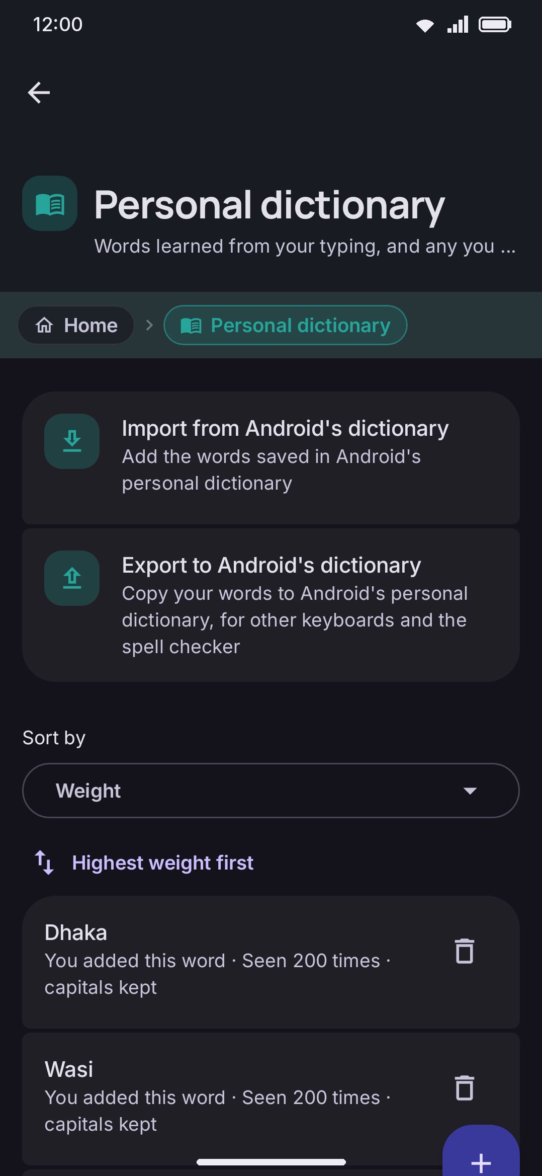 Personal dictionary: every learned word, with per-word delete and an Add word button.