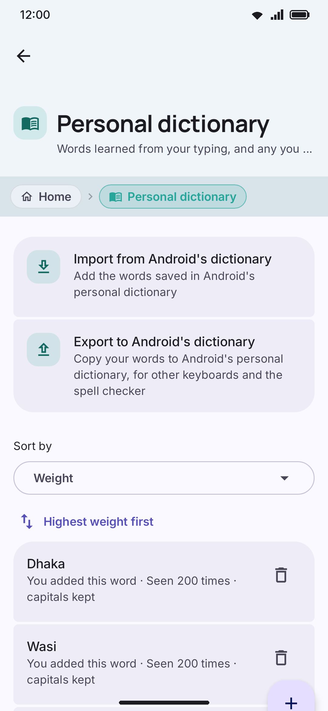 Personal dictionary: every learned word, with per-word delete and an Add word button.