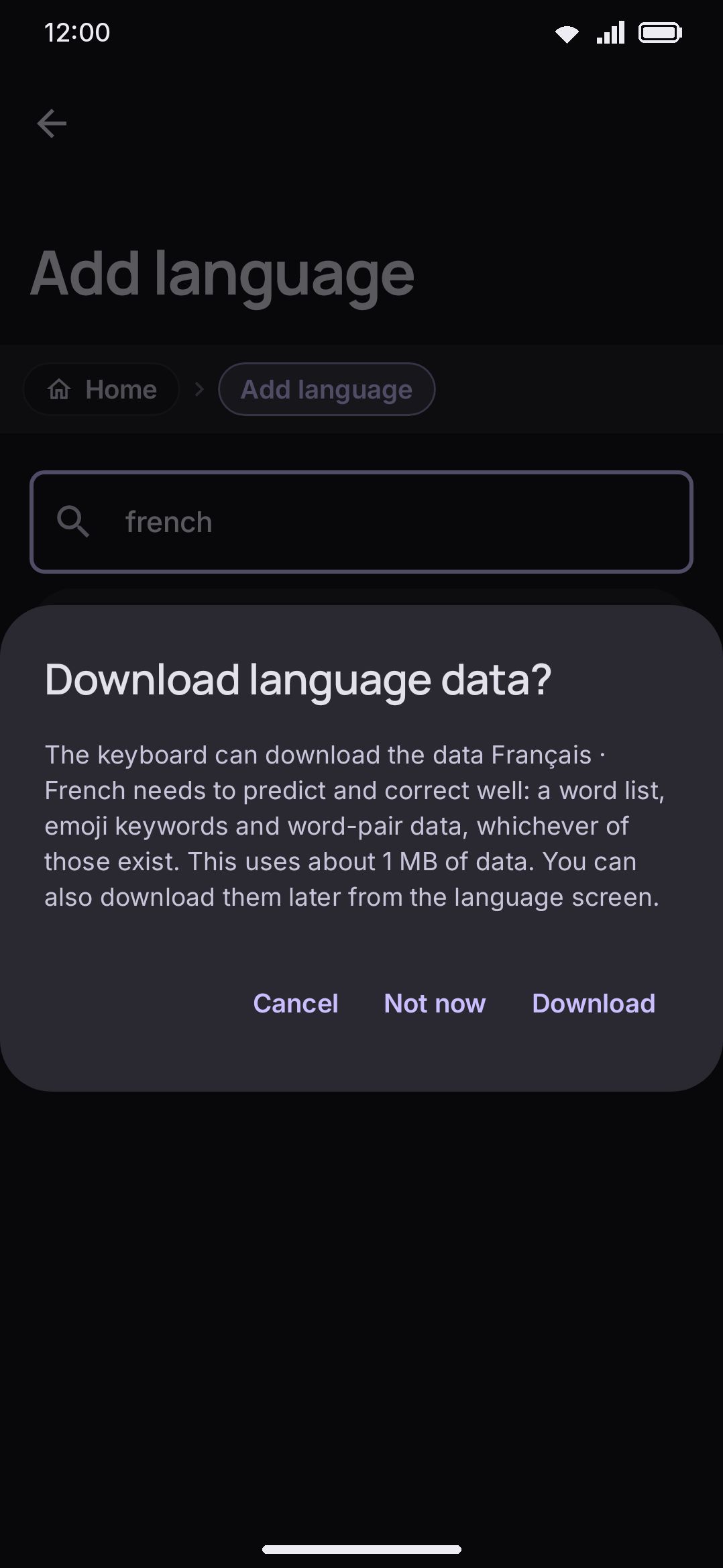 Download language data? The prompt shown as you add a language, with the rough size on it.