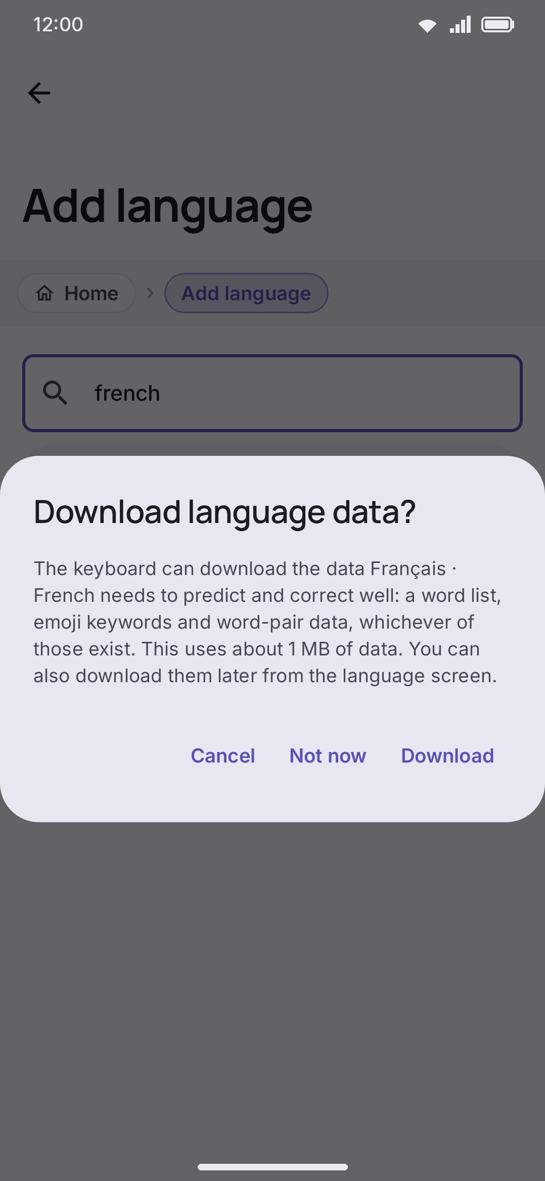 Download language data? The prompt shown as you add a language, with the rough size on it.