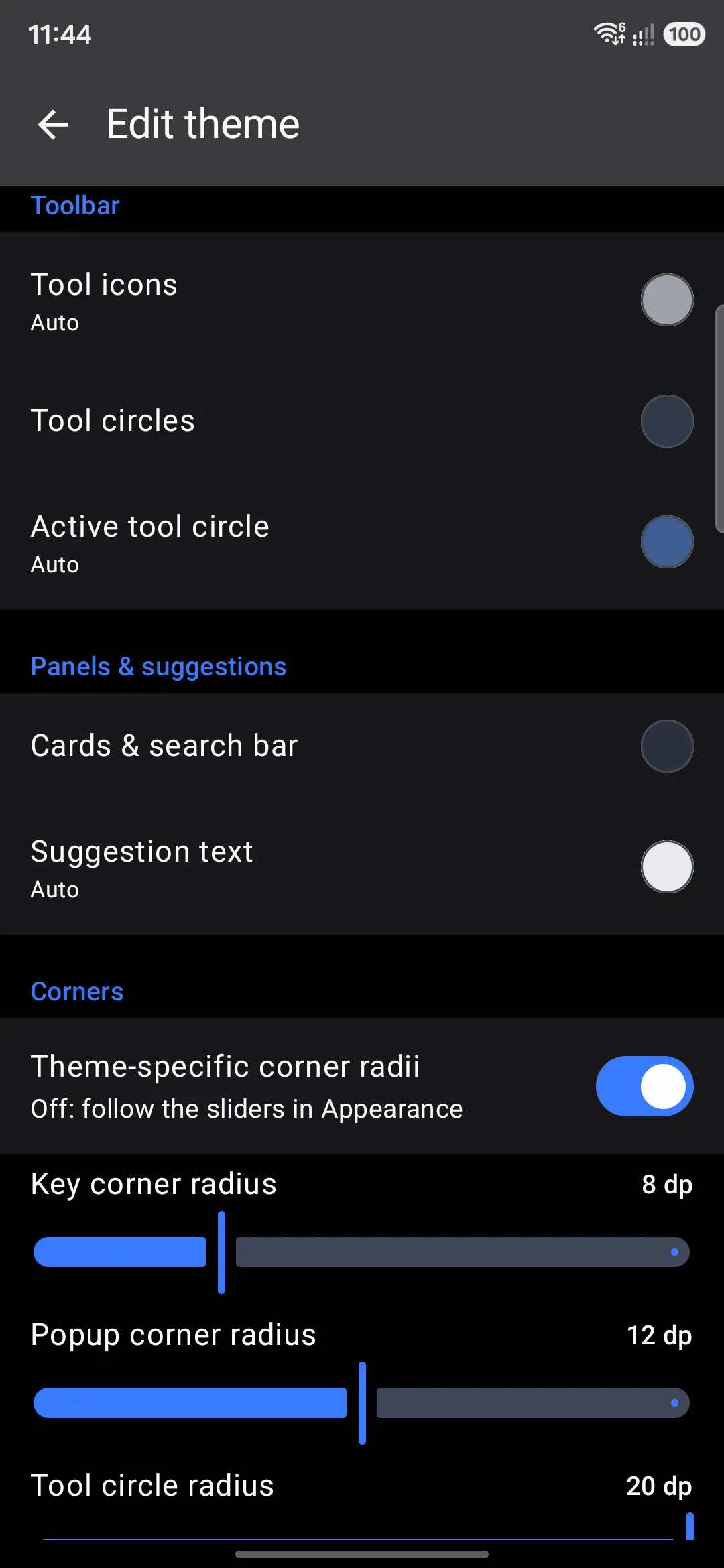 Theme-specific corner radii, with the Key, Popup, and Tool circle sliders.