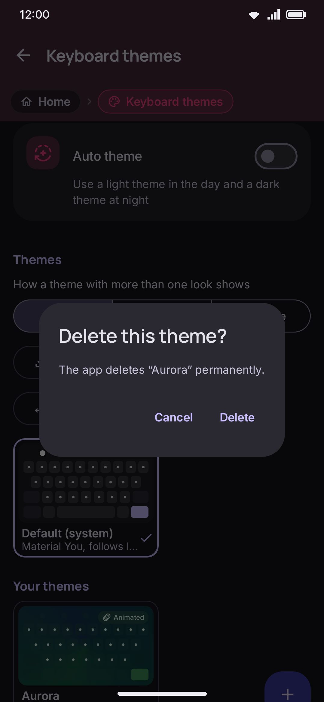 Deleting a custom theme asks for confirmation before removing it.