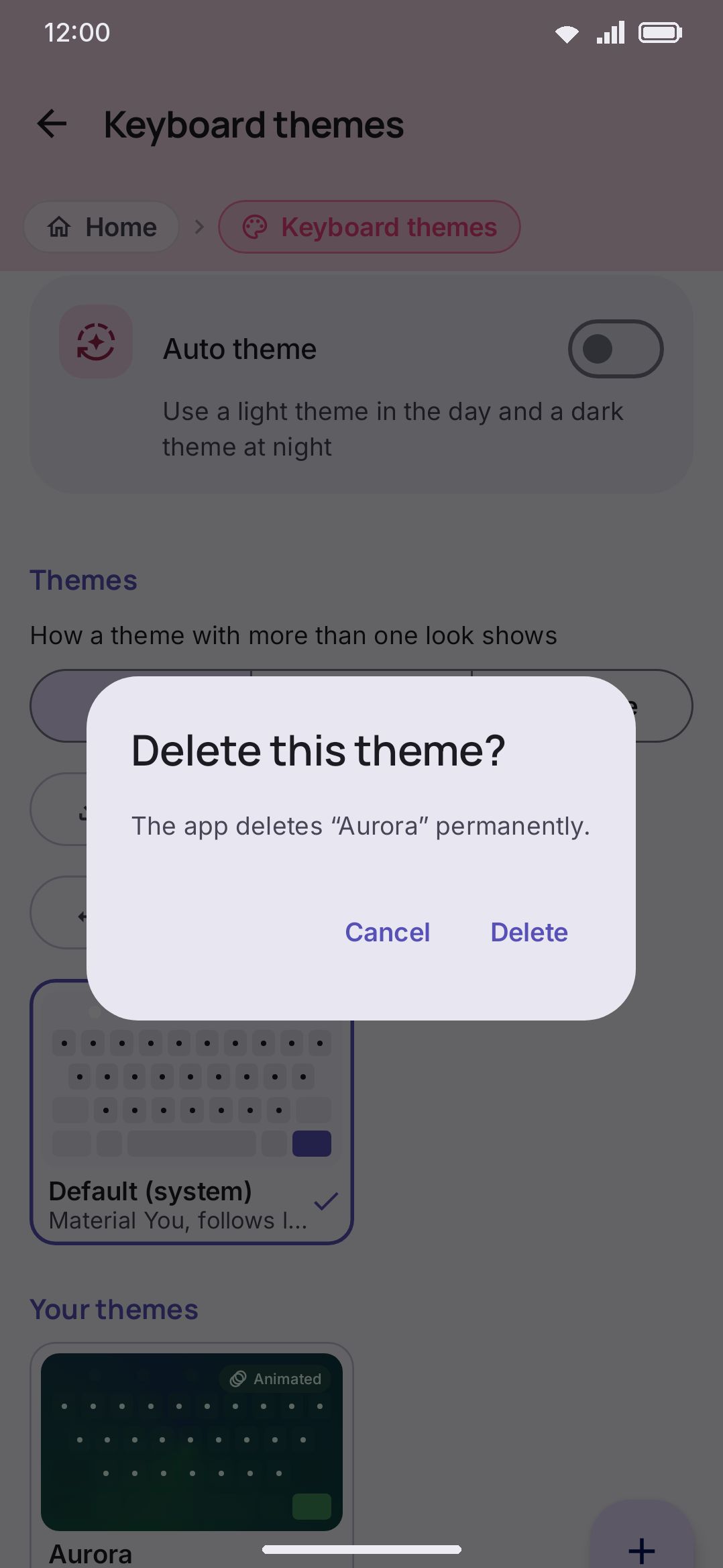 Deleting a custom theme asks for confirmation before removing it.