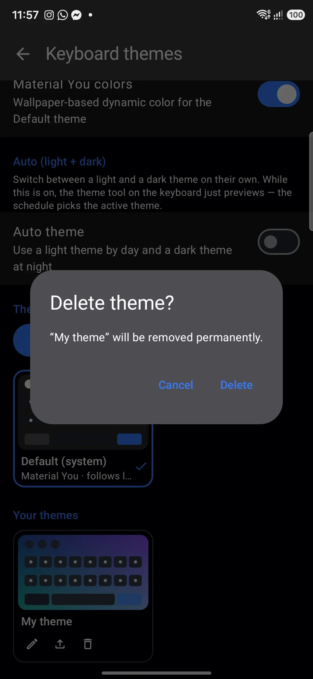 Deleting a custom theme asks for confirmation before removing it.