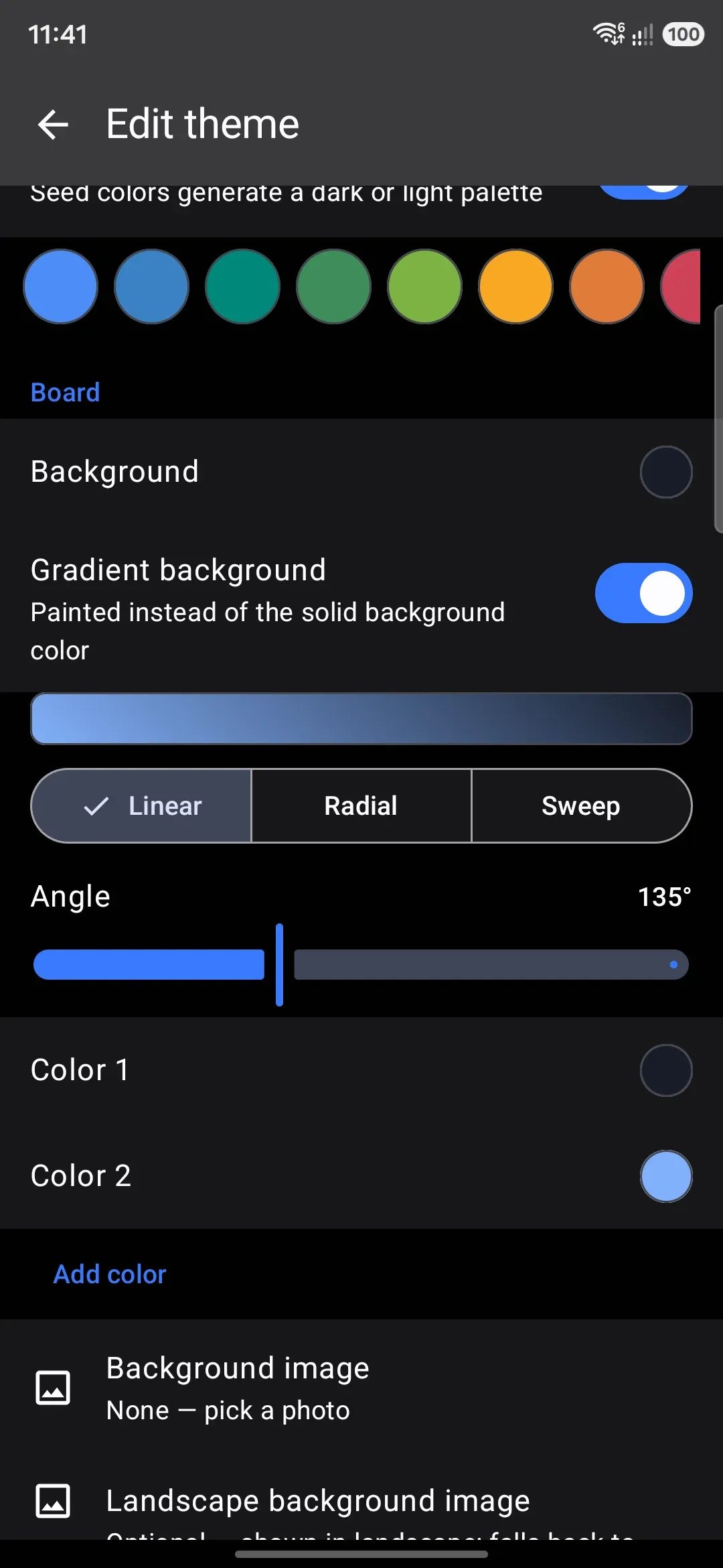 A board gradient turned on: type, angle, and color-stop controls.