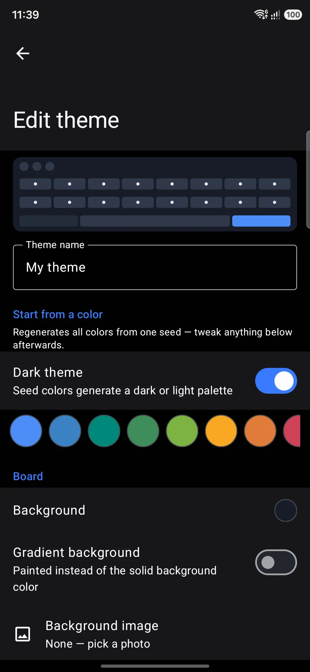 The theme editor, with the live preview pinned above the color and shape controls.