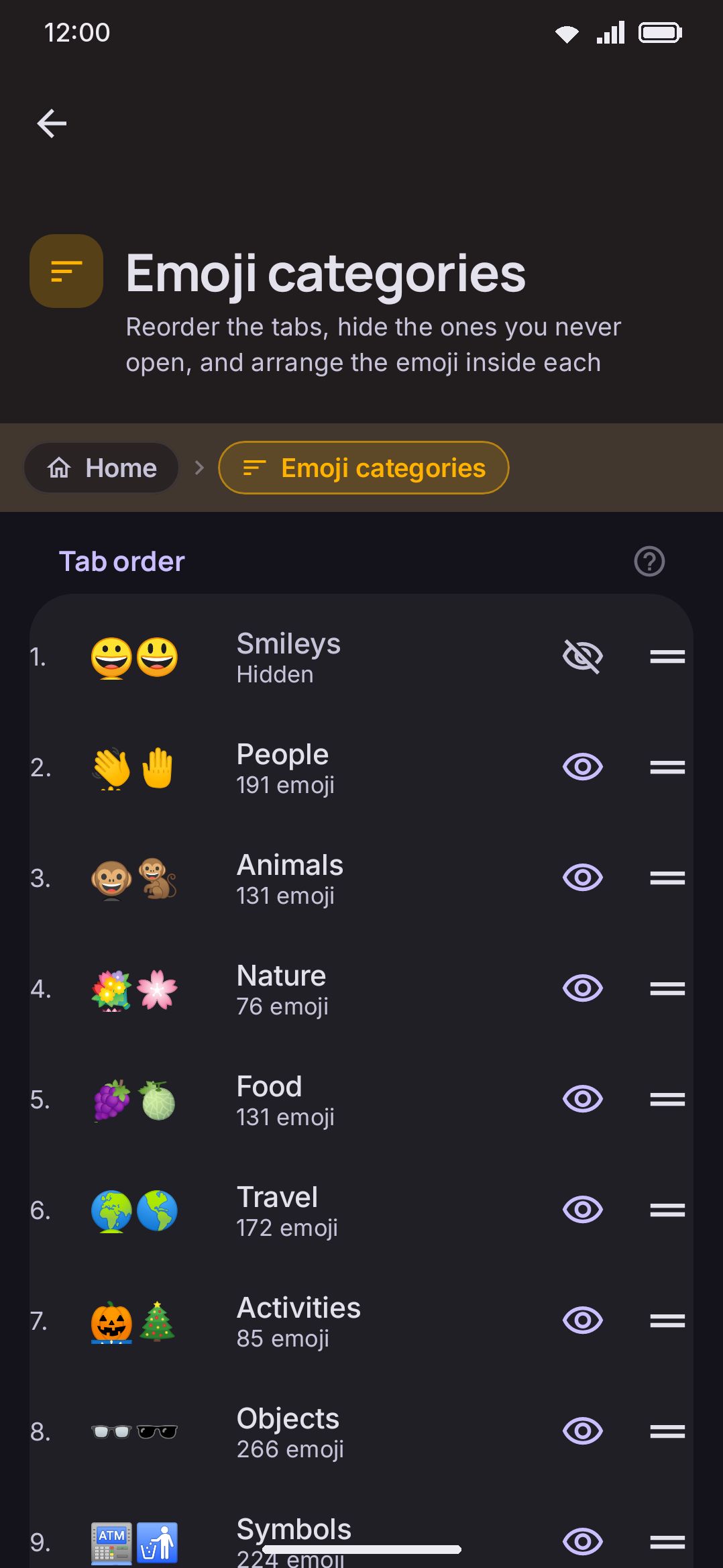 The Emoji categories screen: drag to reorder a tab, press the eye to hide one.