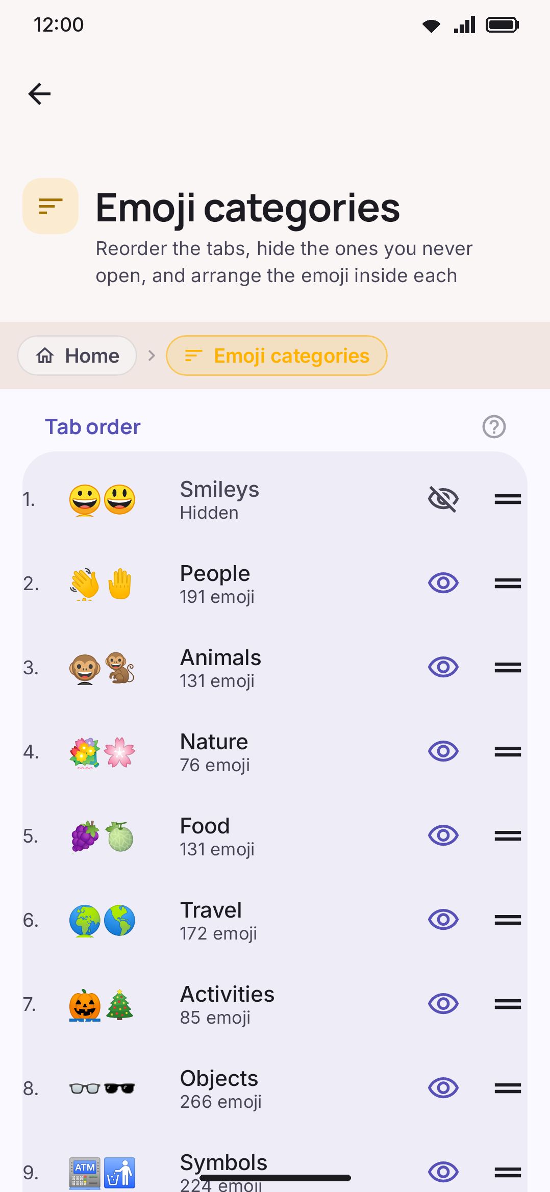The Emoji categories screen: drag to reorder a tab, press the eye to hide one.