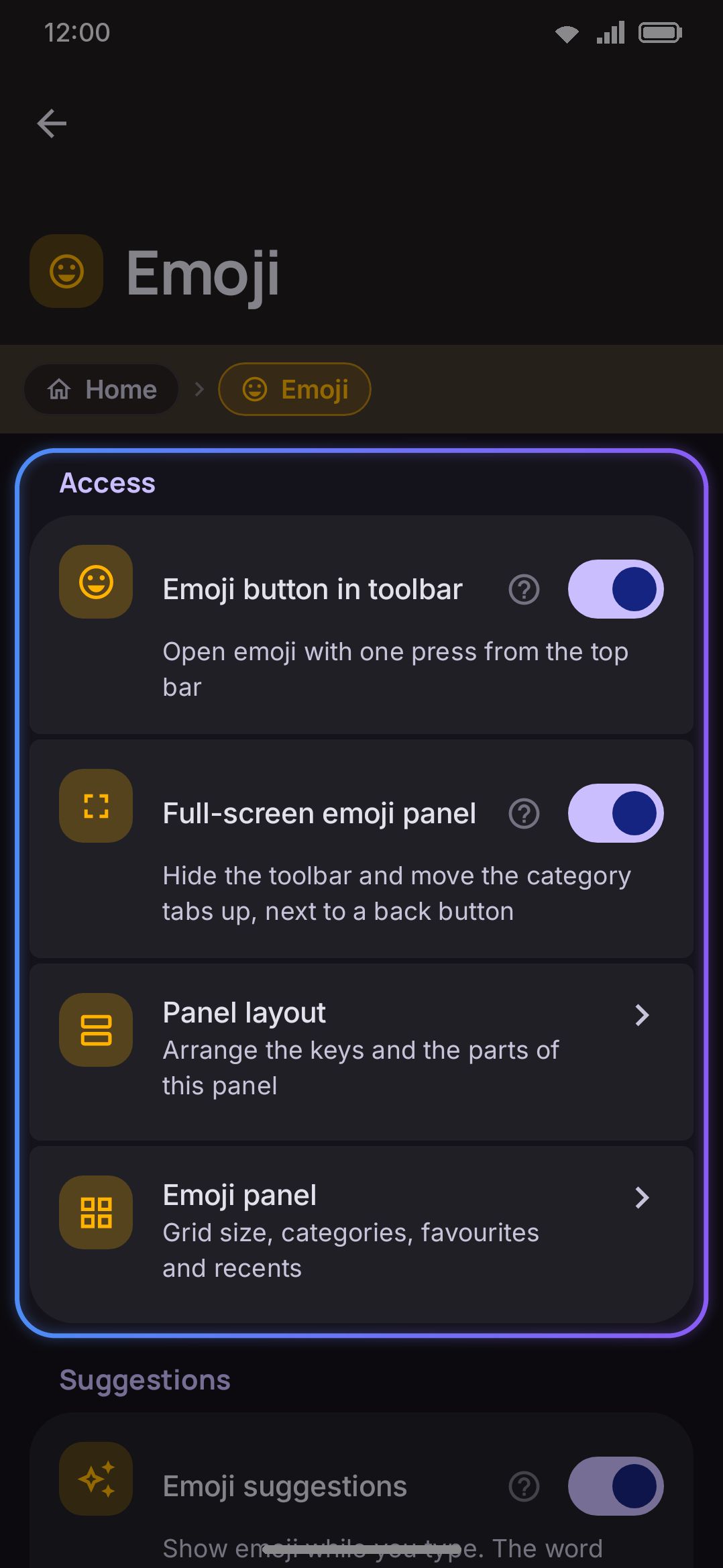 The Emoji settings screen, showing Access and Suggestions at the top.