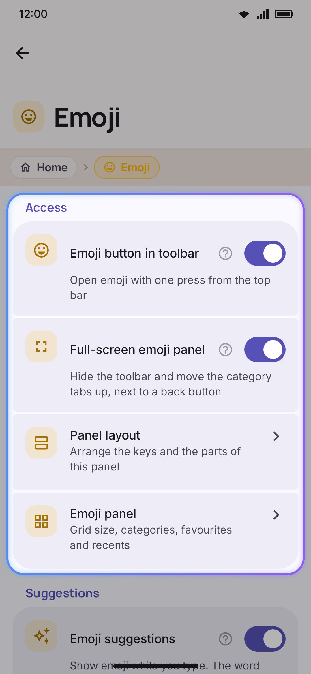 The Emoji settings screen, showing Access and Suggestions at the top.