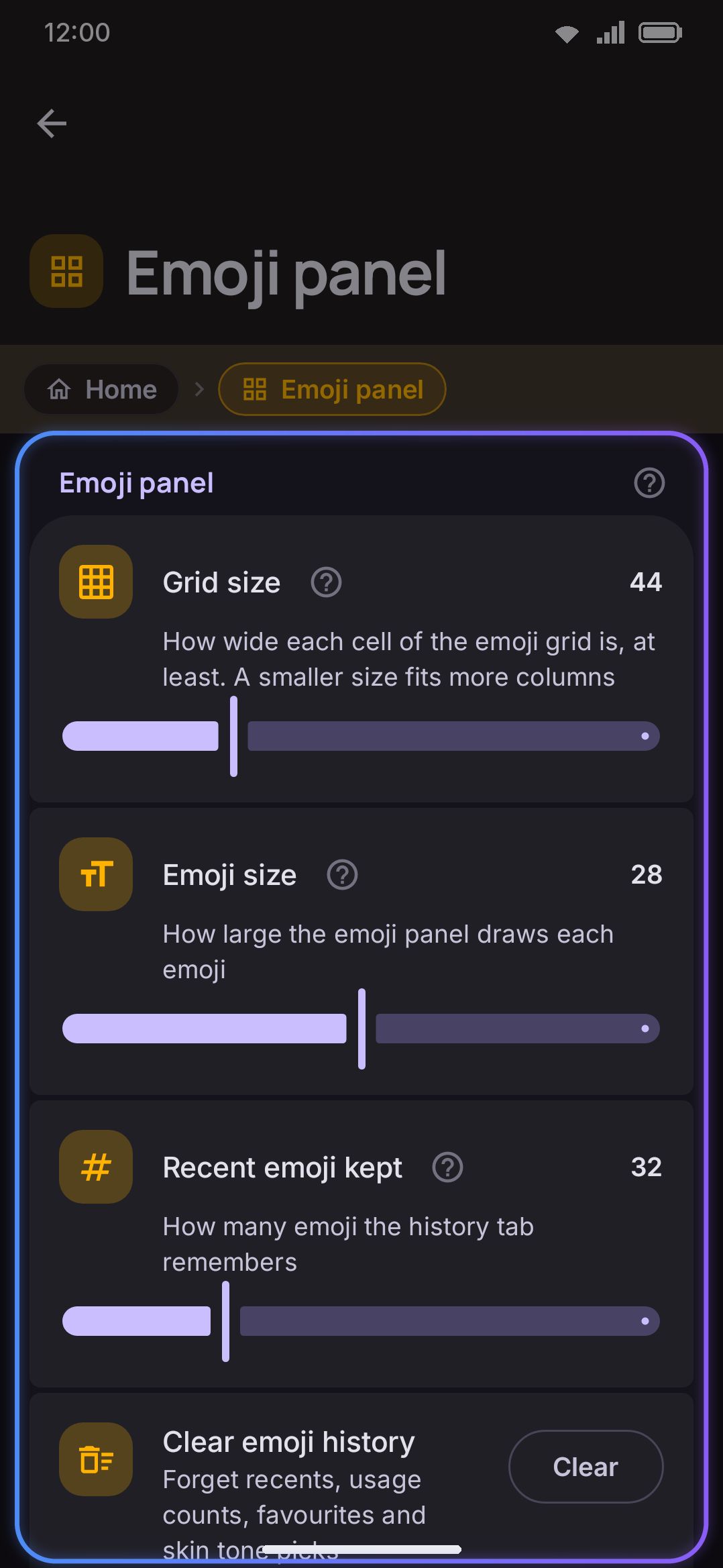 The Emoji panel group, with the Emoji keywords row at the bottom.