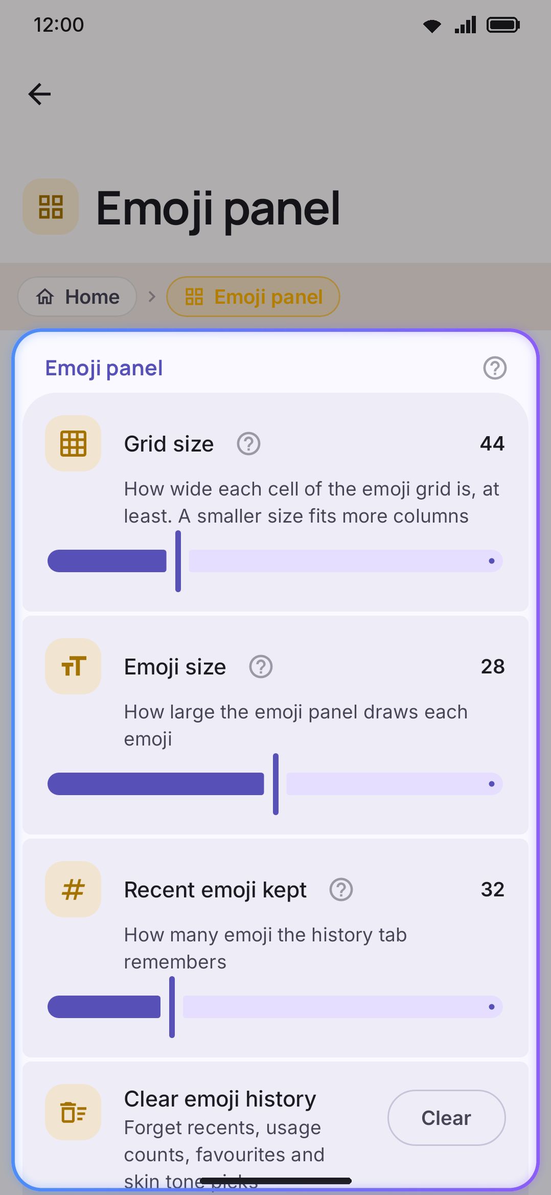 The Emoji panel group, with the Emoji keywords row at the bottom.