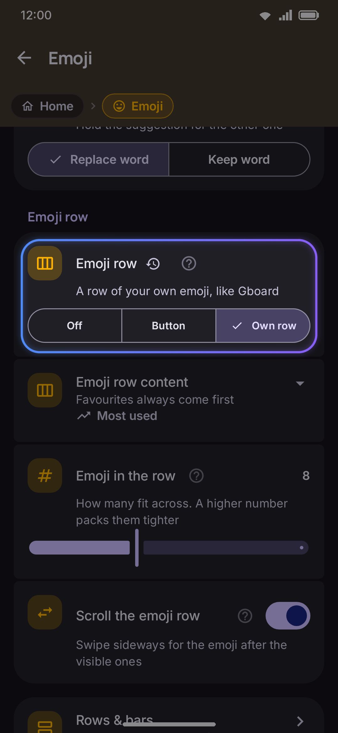 The Emoji row group with Own row selected.