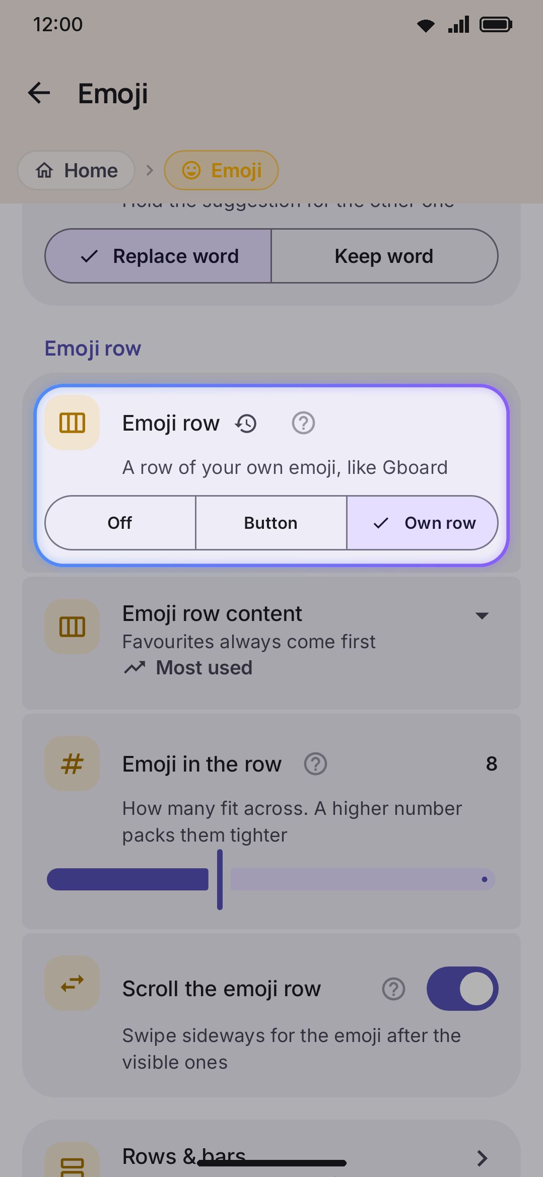 The Emoji row group with Own row selected.