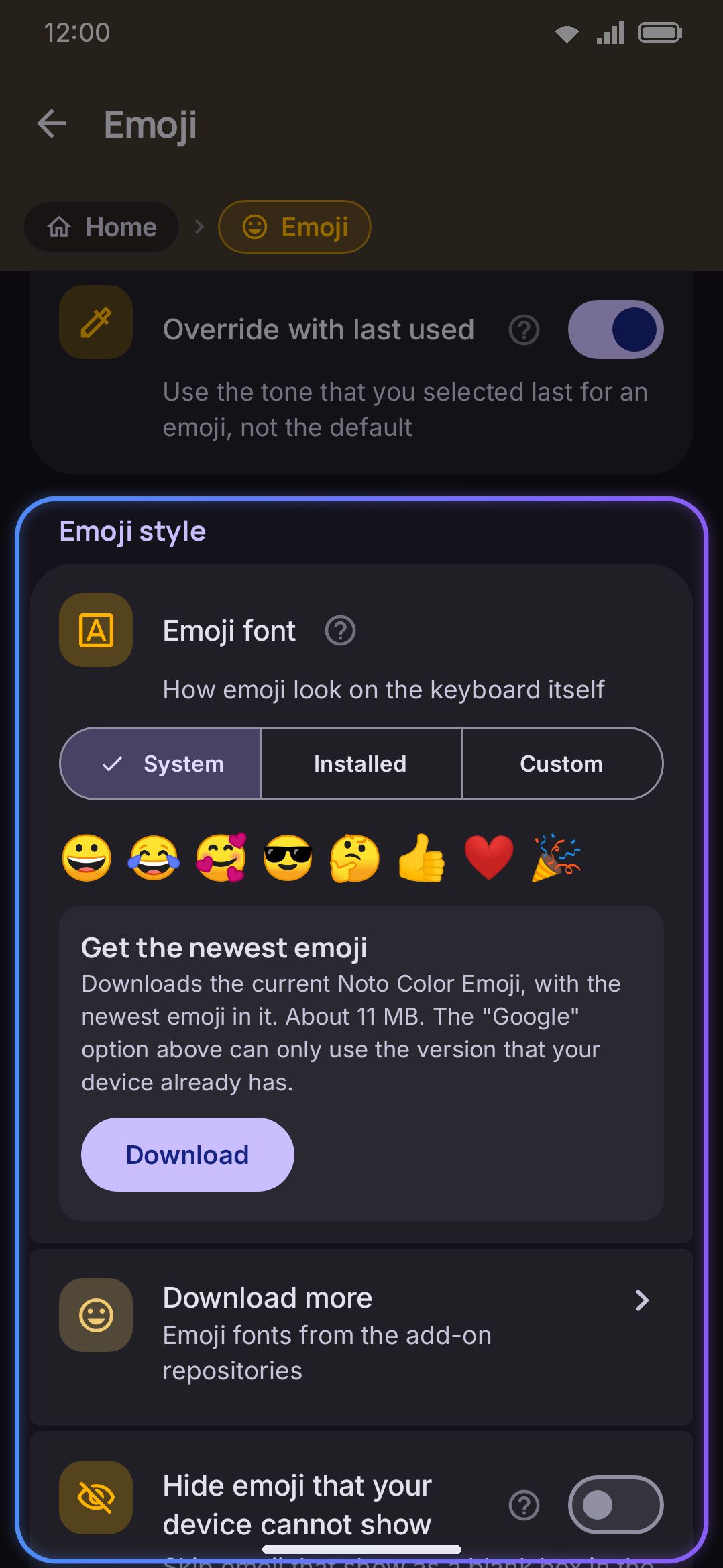 The Emoji settings screen, with the live font preview row.