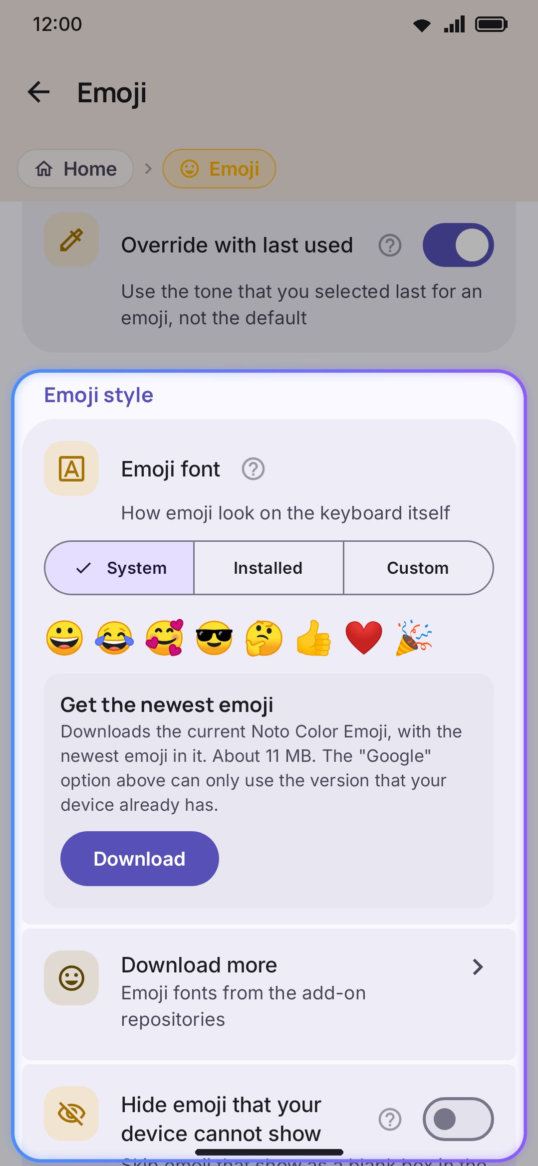 The Emoji settings screen, with the live font preview row.