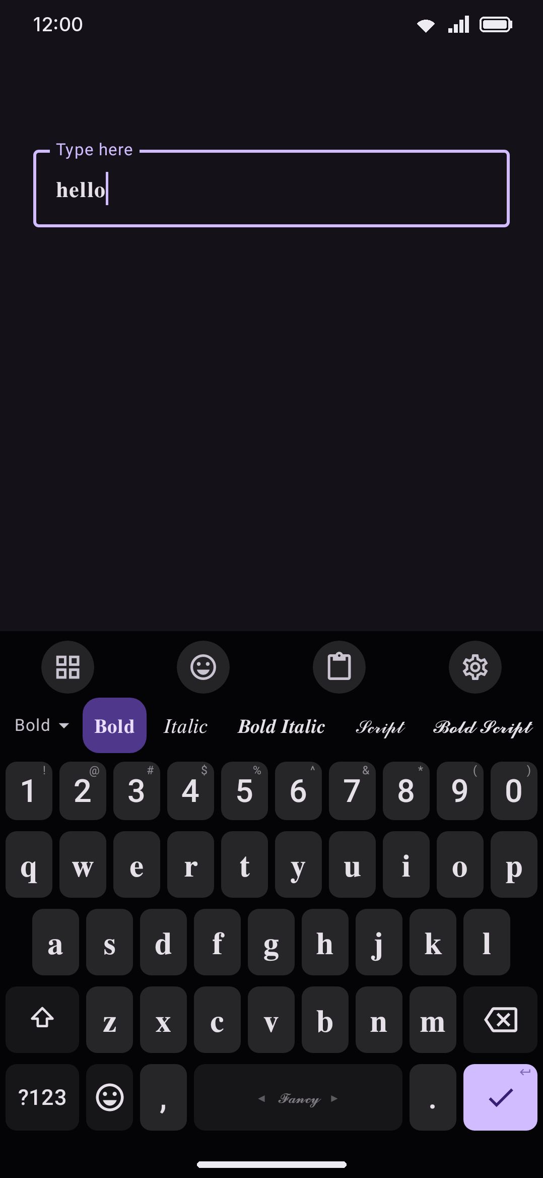 The Bold style active in a text field: typing hello commits ๐ก๐๐ฅ๐ฅ๐จ directly.