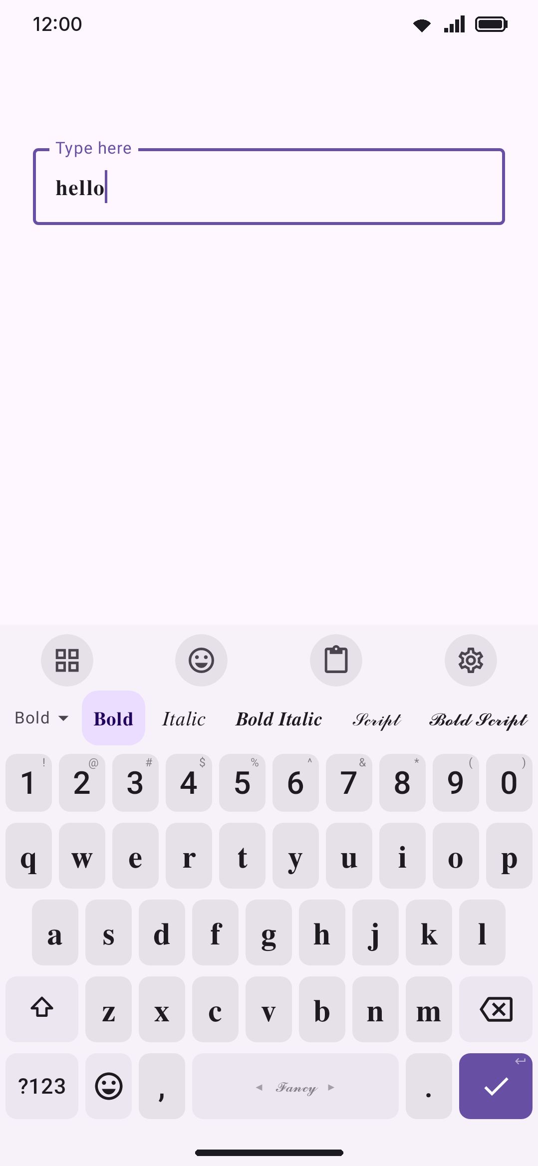 The Bold style active in a text field: typing hello commits ๐ก๐๐ฅ๐ฅ๐จ directly.