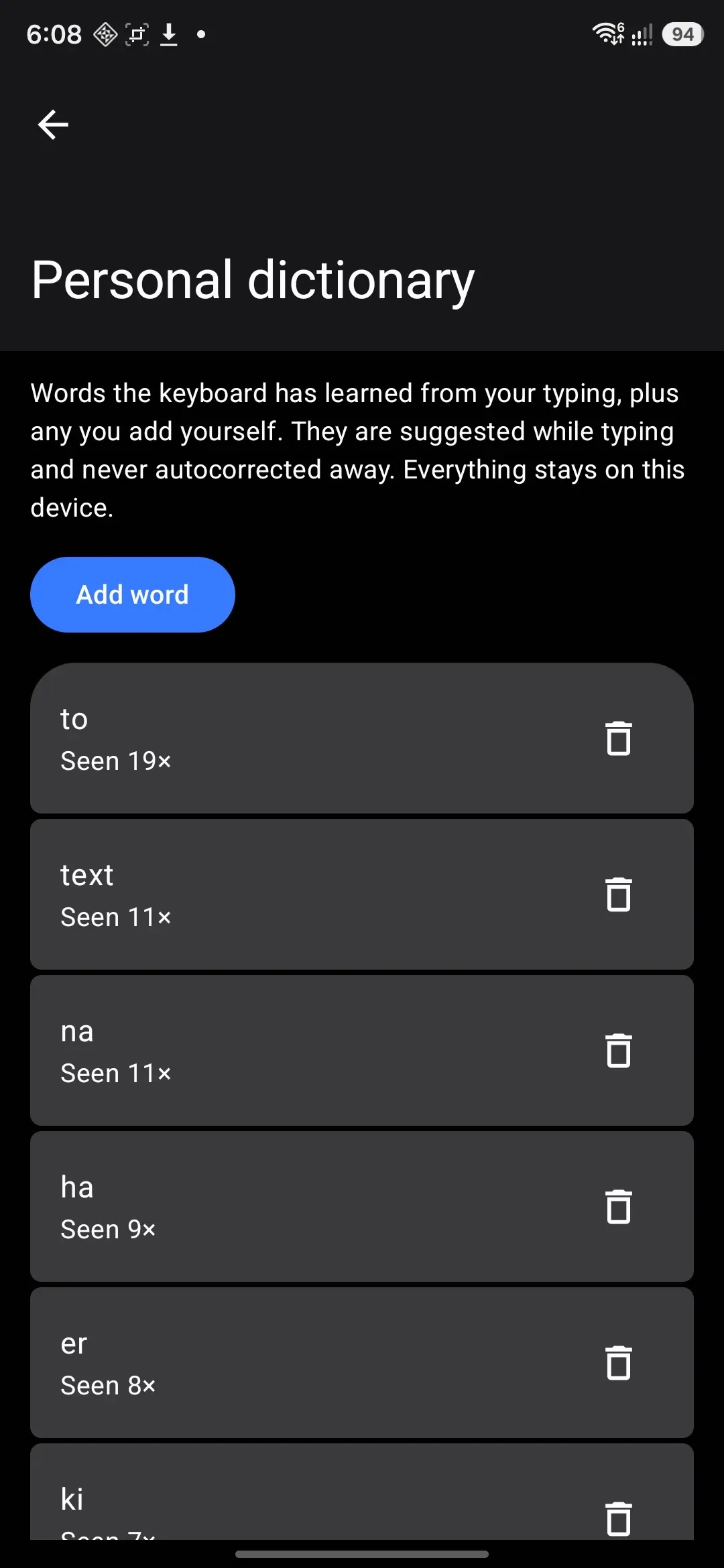 Personal dictionary: every learned word, with per-word delete and an Add word button.