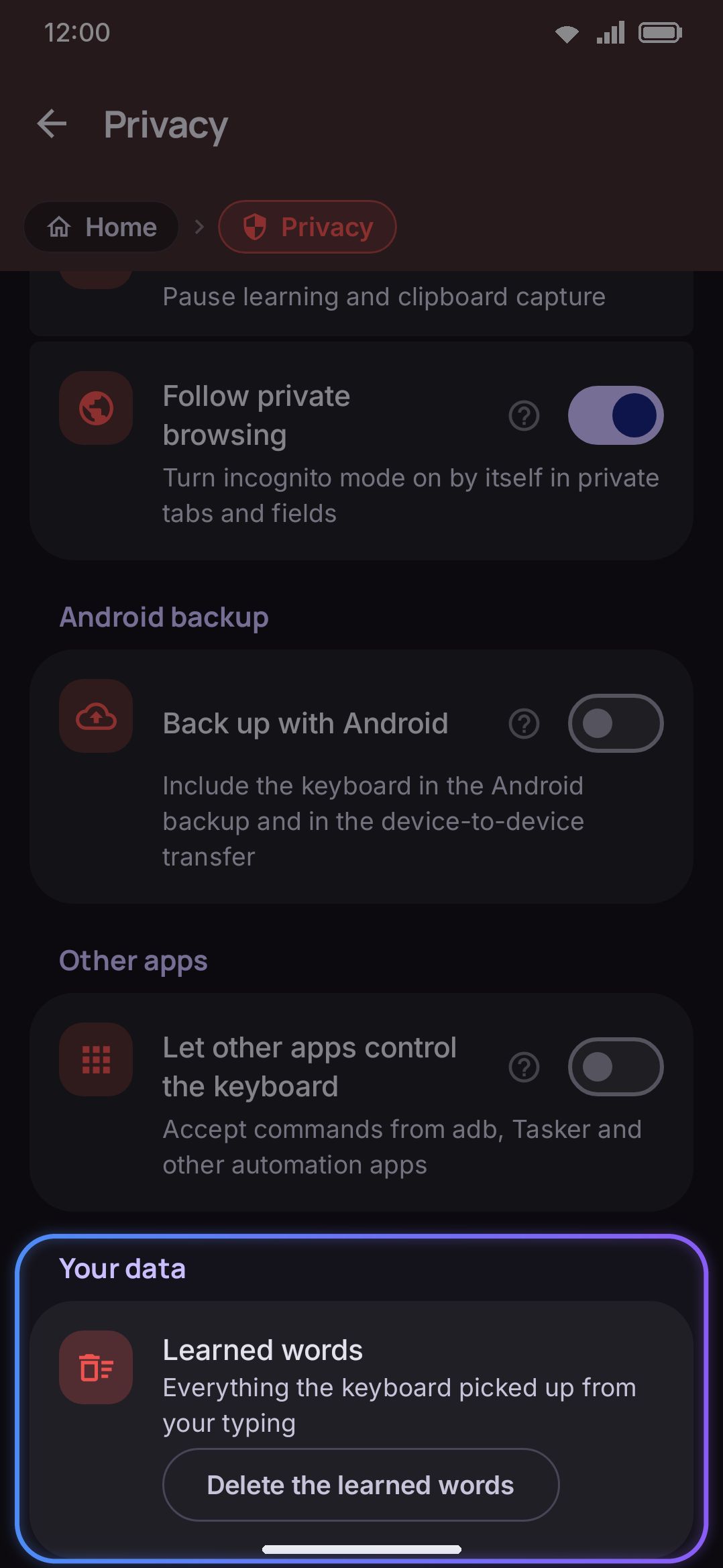 Clear learned words, under Privacy → Your data.