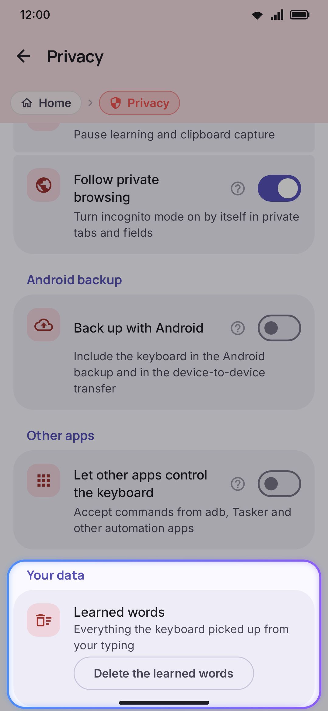 Clear learned words, under Privacy → Your data.