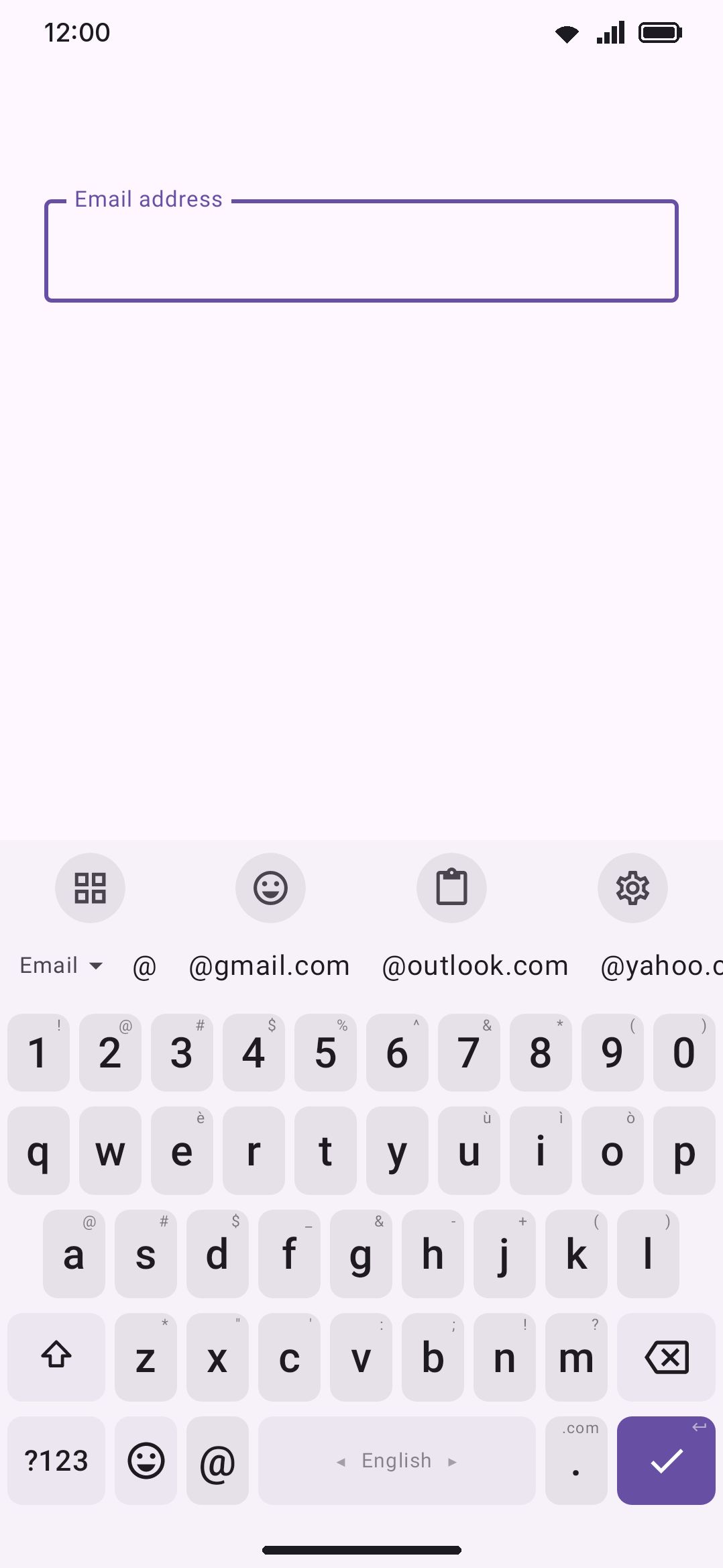 An email field: the bottom-row comma has become @, and the period key's long-press offers .com, .net, .org, .edu, .co.
