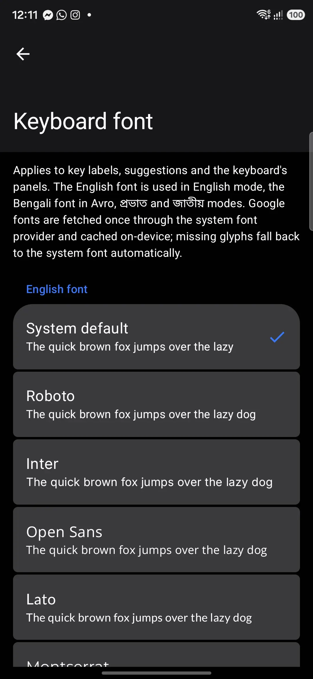 The Keyboard font screen: curated Google Fonts, each row previewed in its own face.