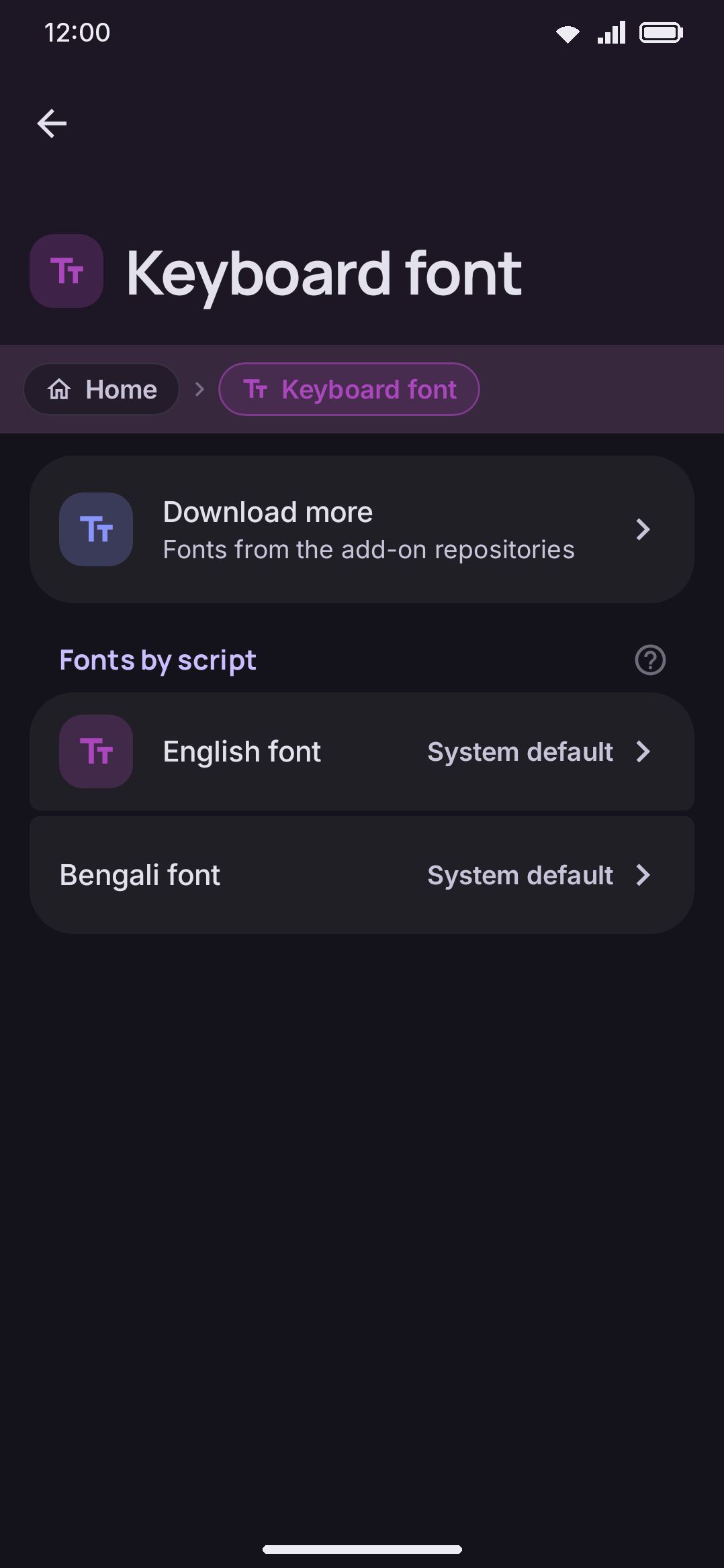 The Keyboard font screen: curated Google Fonts, each row previewed in its own face.