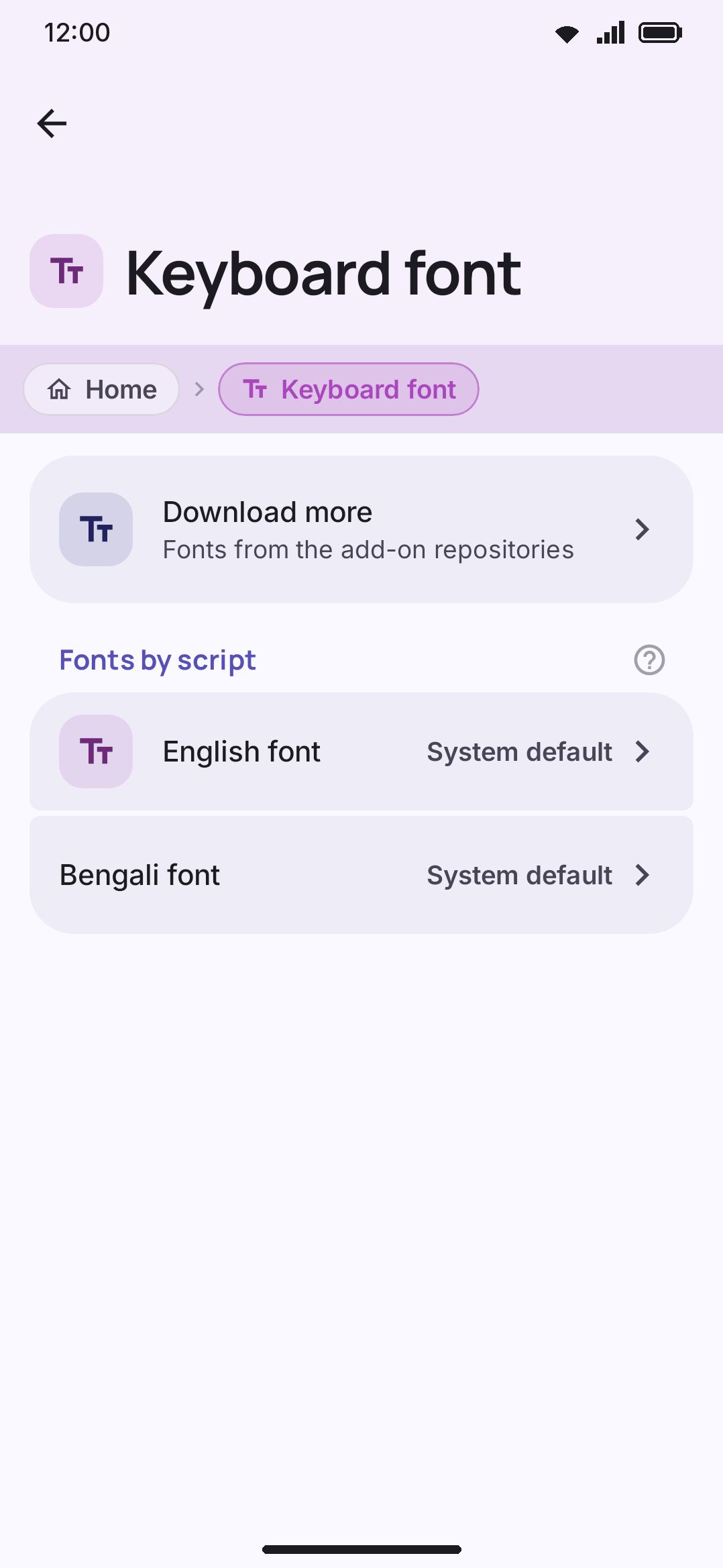 The Keyboard font screen: curated Google Fonts, each row previewed in its own face.