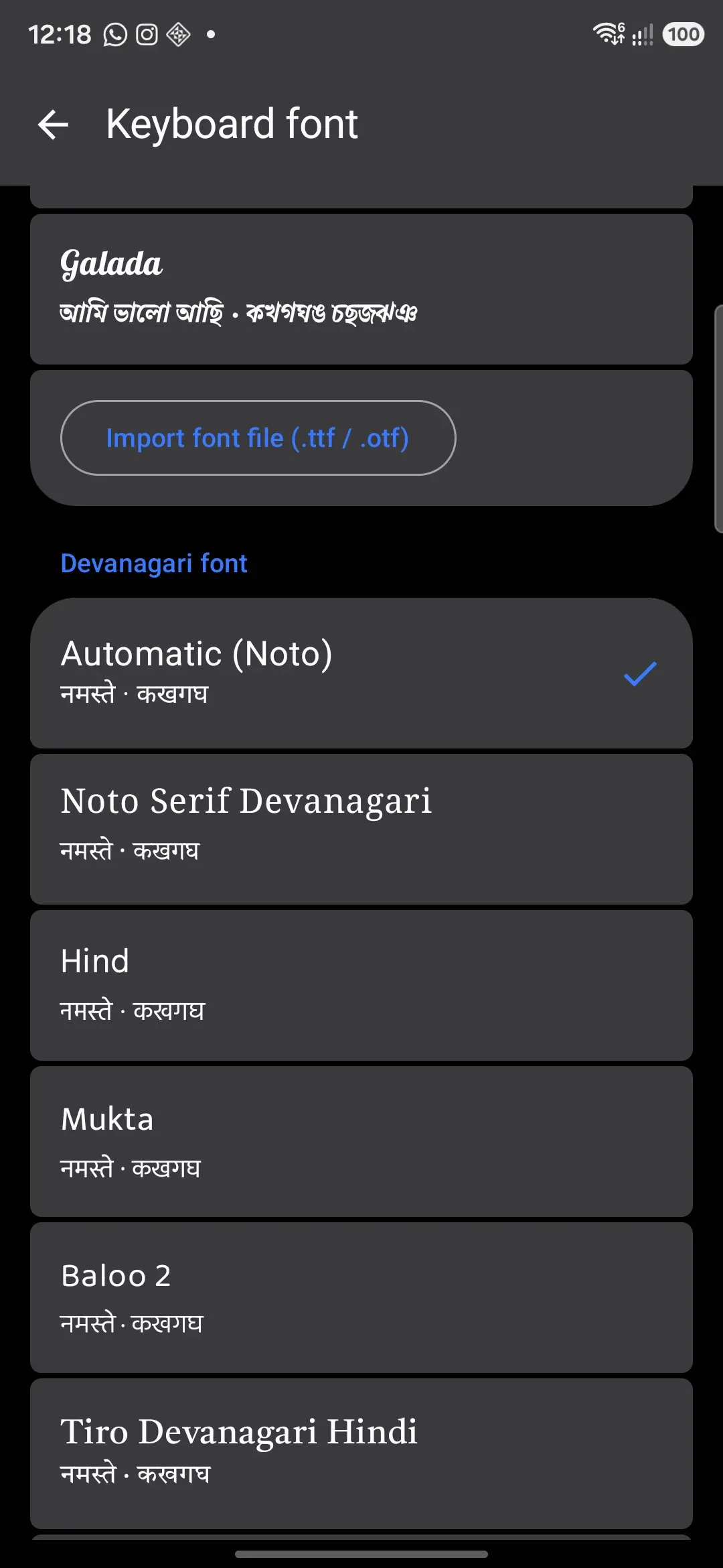 A script-specific picker (Devanagari): the automatic Noto face, a short curated list, and any installed fonts that declare coverage for the script.