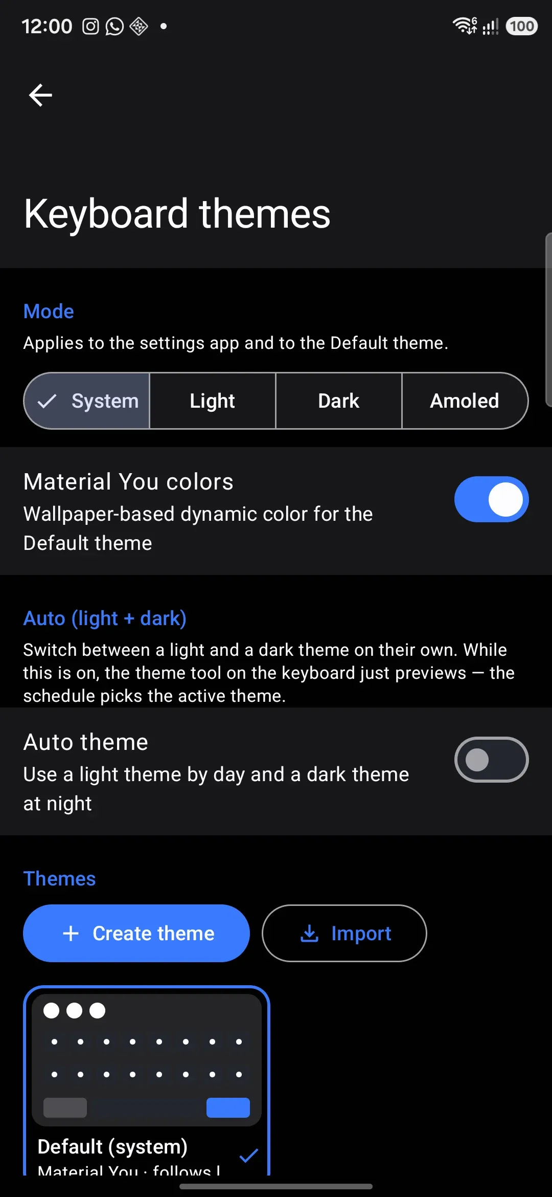 The theme gallery, with export and import actions above the cards.