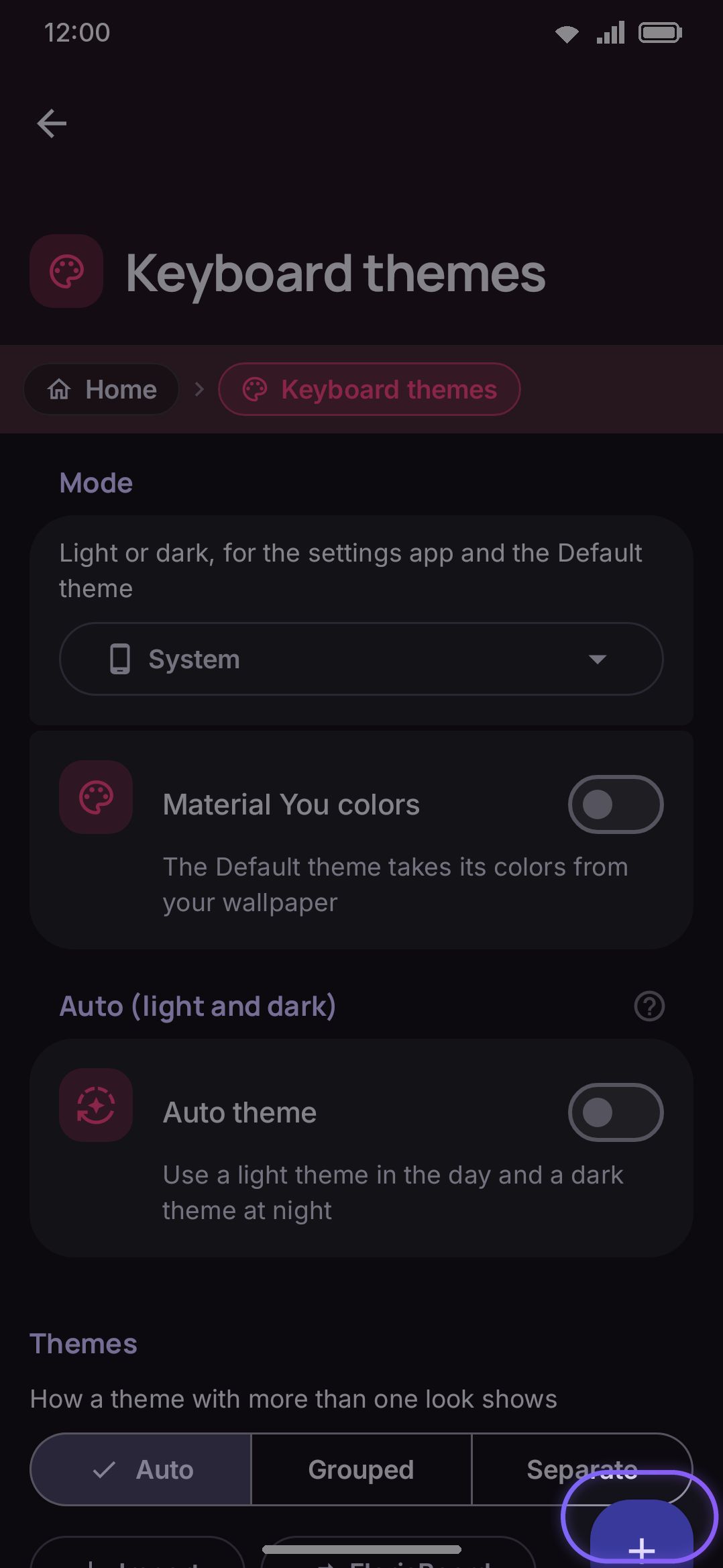 The theme gallery, with export and import actions above the cards.