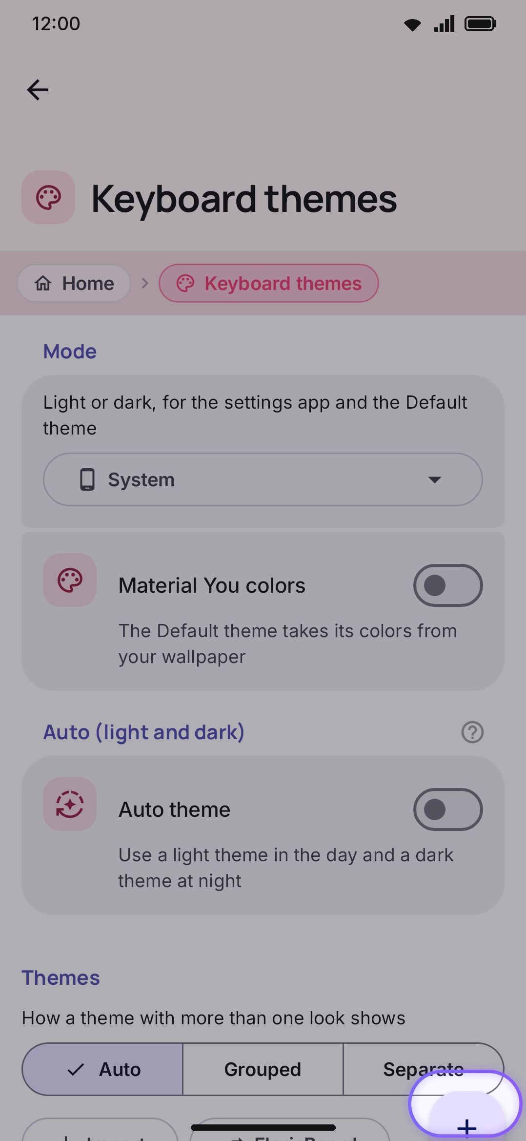 The theme gallery, with export and import actions above the cards.
