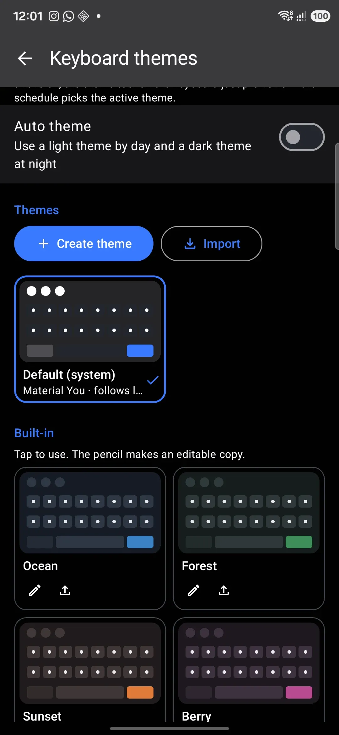 The theme gallery: custom themes on top, built-in themes below.